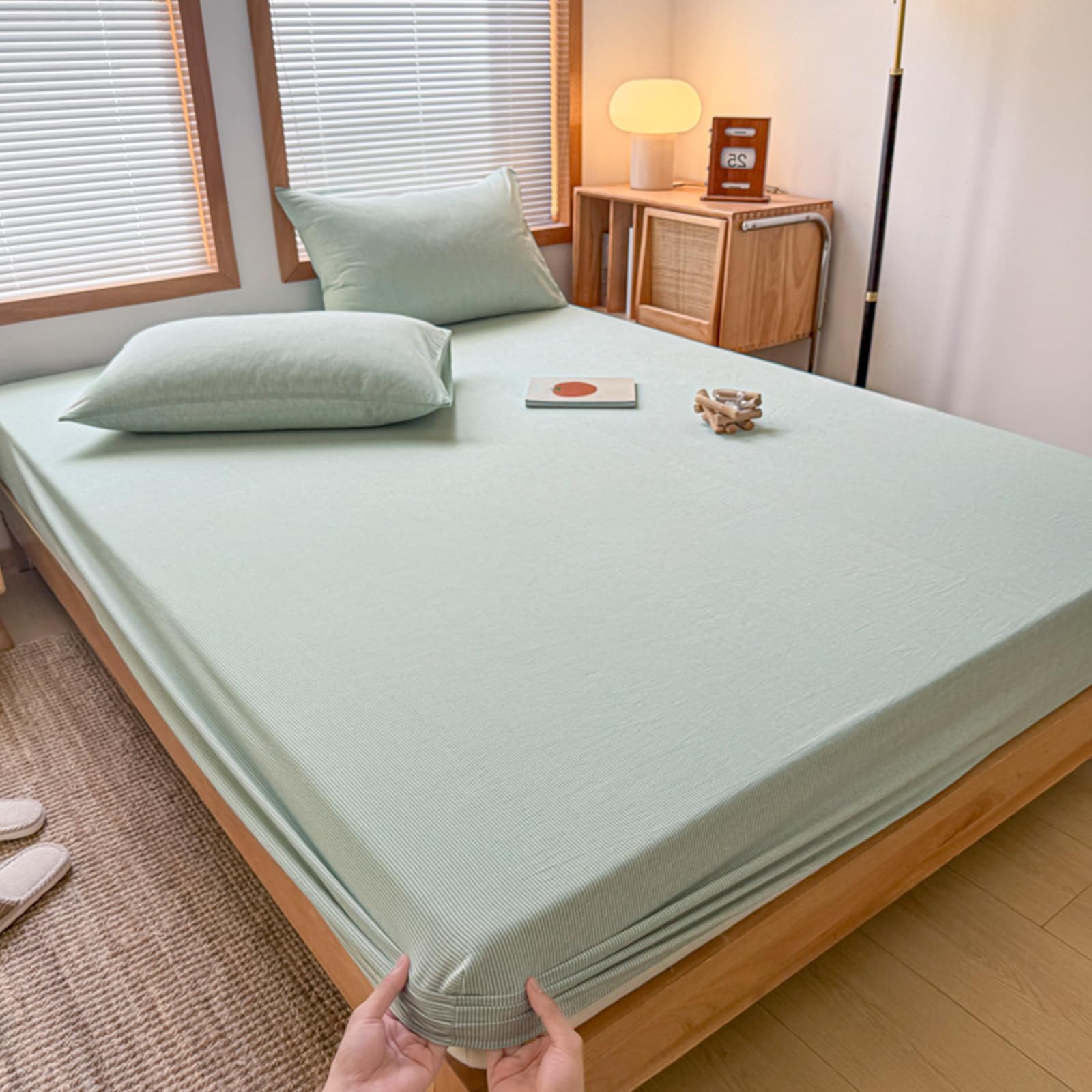 Housse matelas 90x200 rayures vertes pour une chambre d'amis fraîche en coton