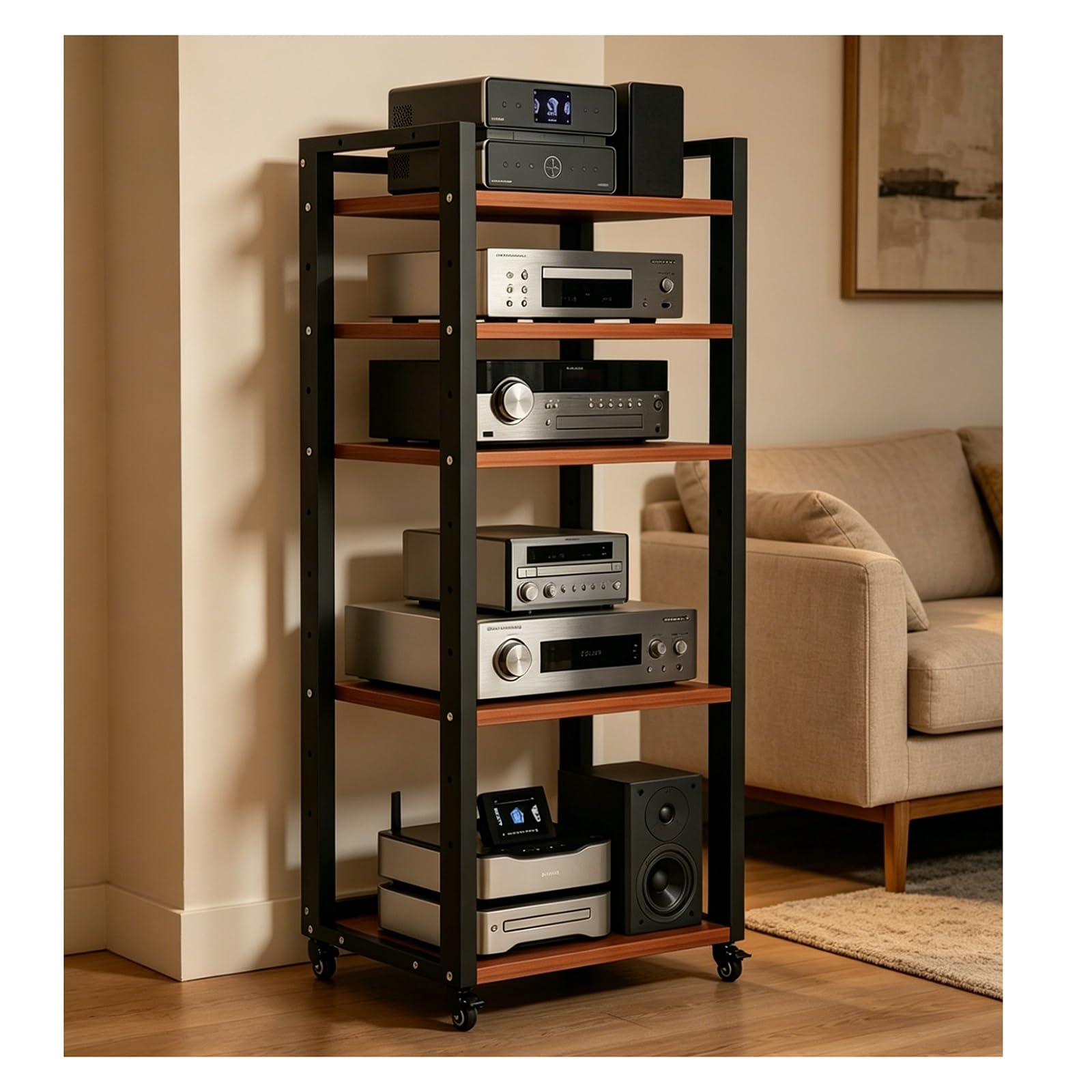 Audio Rack HiFi Regal Medienständer Mit 5 Etagen, Verstellbare Regalböden Für Plattenspieler, Bodenstehend, Stereo-Turm In Schwarz Und Eichen-Finish, Eck-TV-Regal Für Heimunterhaltung