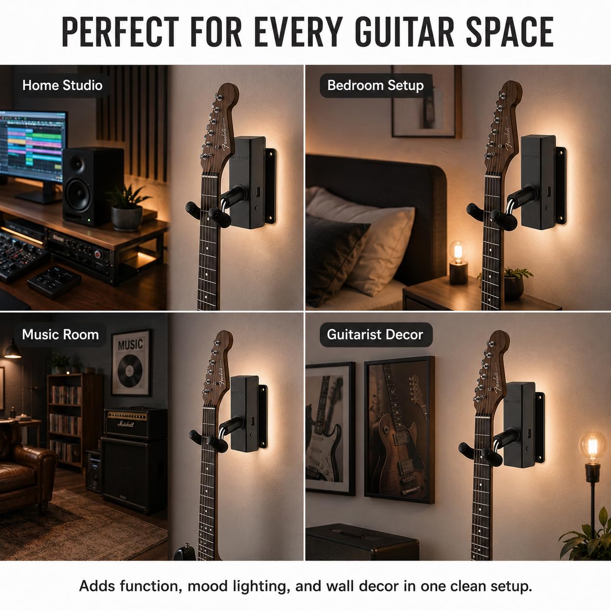 MuzicLight Soporte de pared para guitarra iluminada y soporte de pared para guitarra eléctrica o guitarra acústica con LED para exhibición de guitarra con iluminación ambiental (azul)