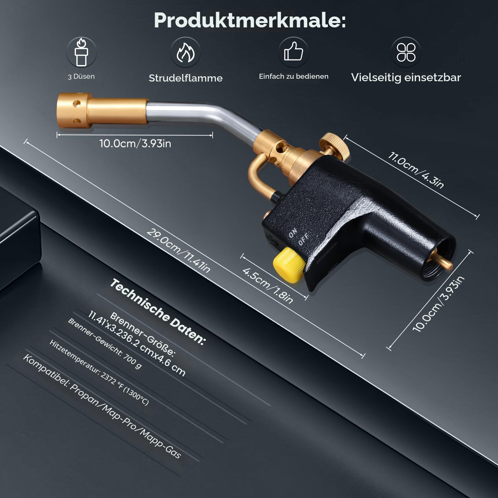 Hochintensität Propan Torch Kit GJ-8000 Abzugsstart-Mapp-Gasbrenner mit Selbstzündung und Messingknopf-Schweißbrenner mit 3 Düsen für MAPP CGA600-Gewindeanschluss