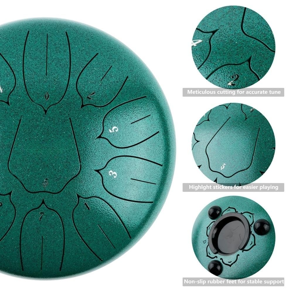 Javik - Tamburo per lingua in acciaio, 25,4 cm, 11 note, chiave a D, strumento a percussione, tamburo da meditazione con custodia, 2 bacchette, plettri per dita per adulti e bambini (verde)