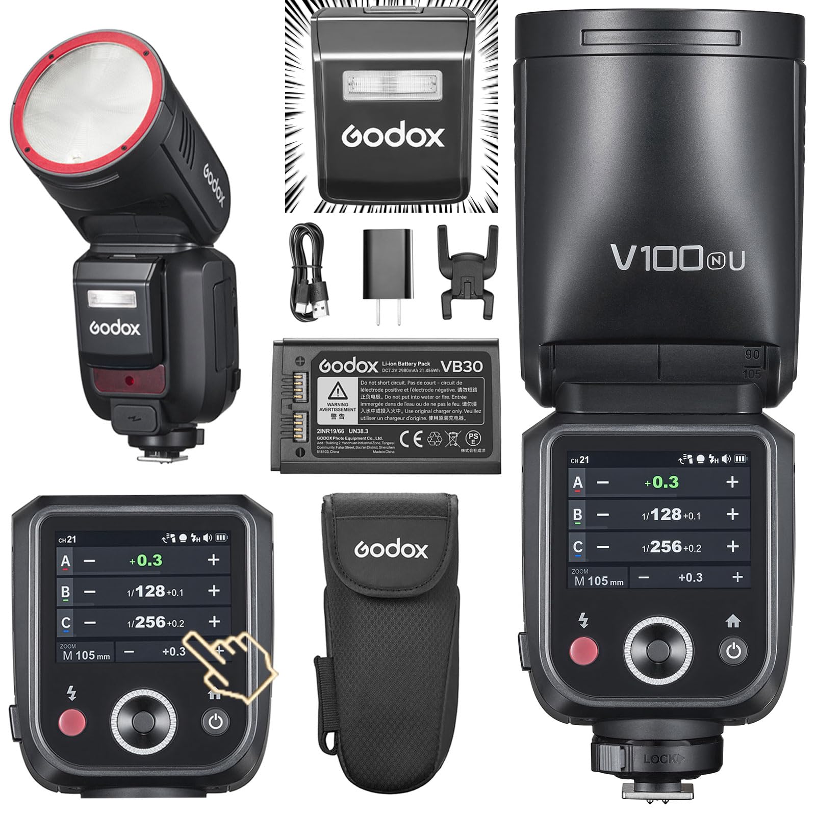 Godox V100N Flash a testa tonda Touch Screen, 100Ws, Global Shutter 1/80000, HSS 1/8000, batteria al litio, lampada LED 10 livelli per Nikon