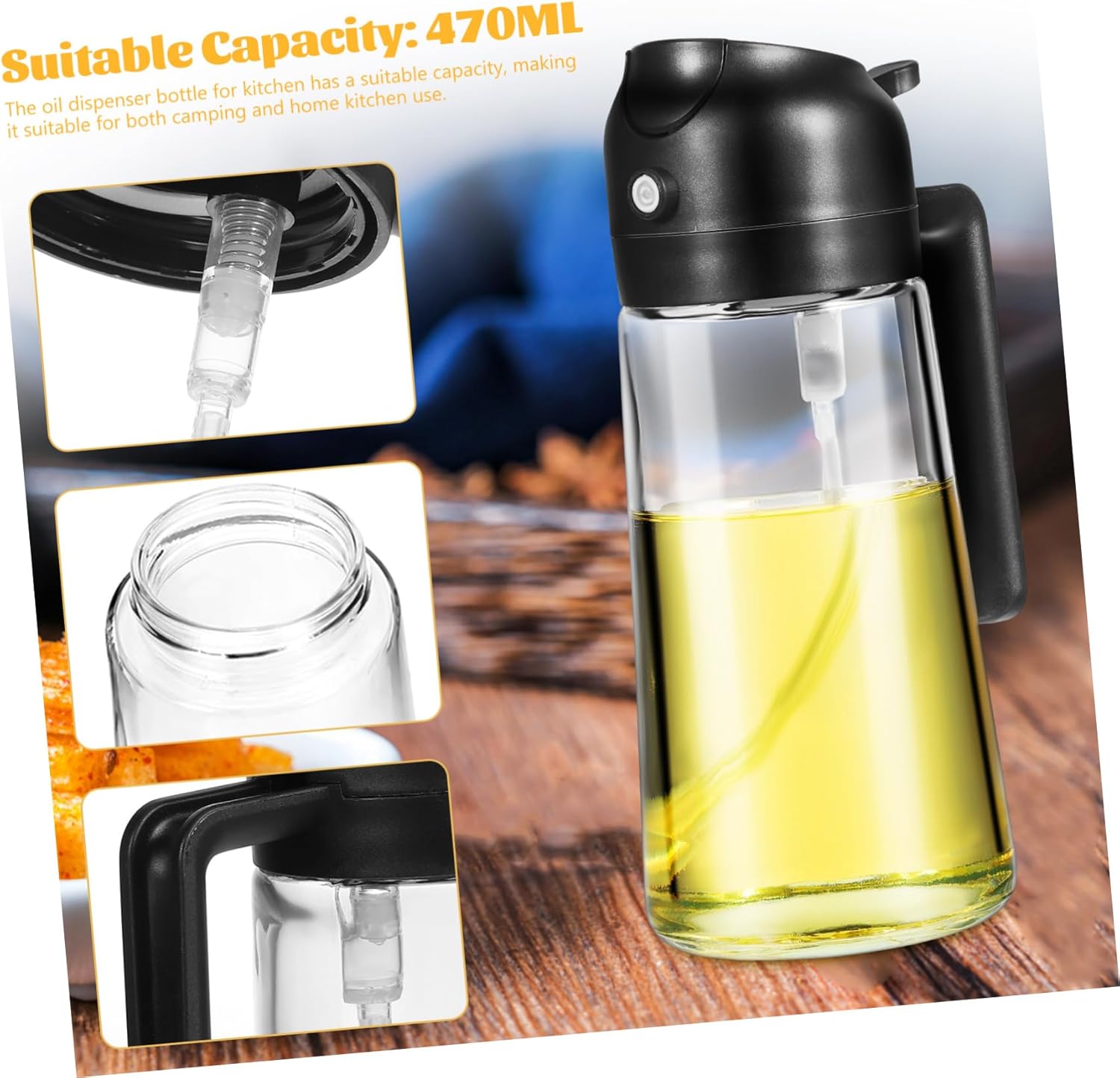 Cabilock Olive Oil Dispenser Glass Oil Spray Bottle for Cooking Leakproof Design with Wide-angle Nozzle for Kitchen Bbq and Salads Black