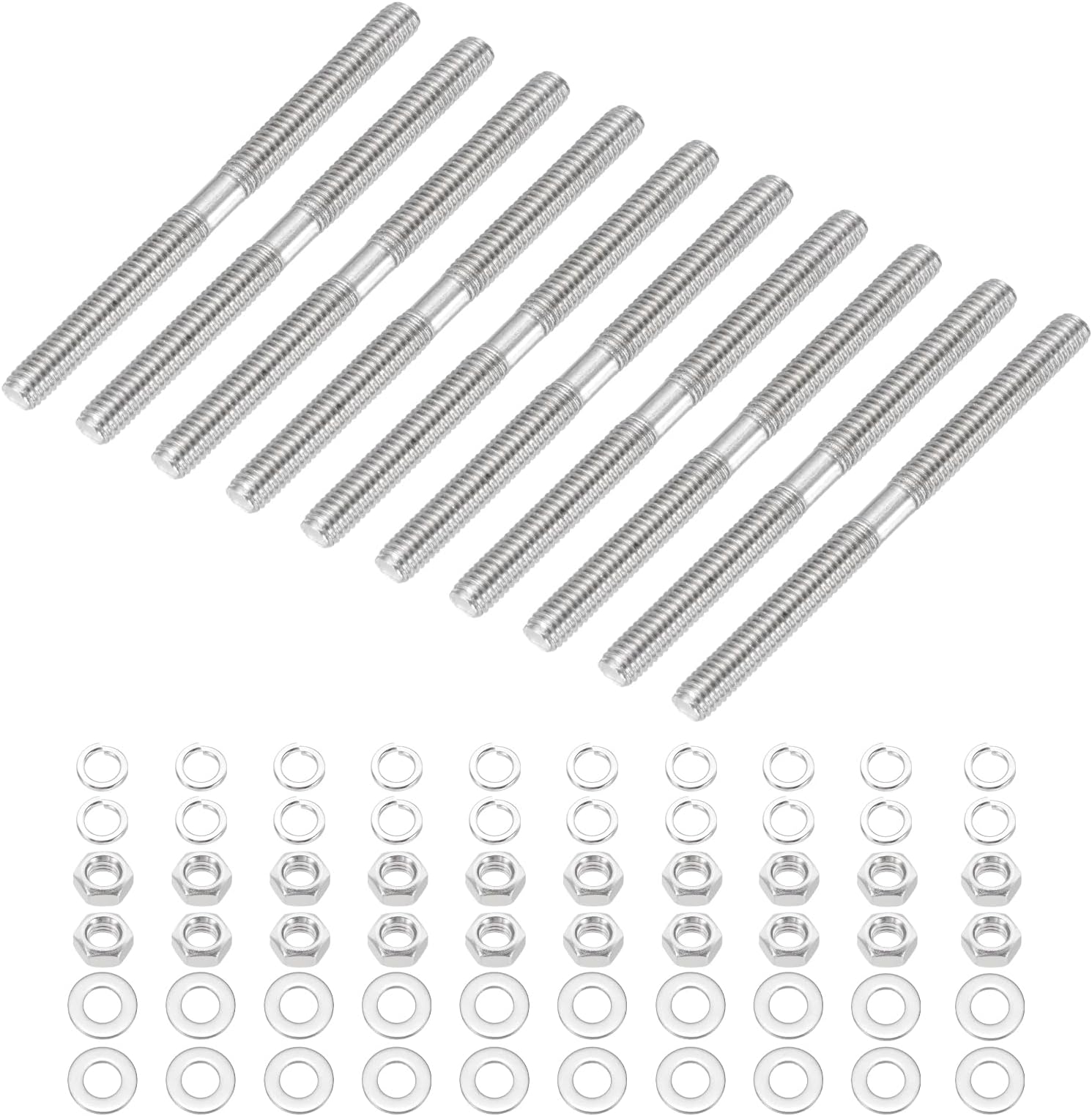 sourcing map 10Set M3x40mm Double Ended Stud Screws, 304 Stainless Steel Dual Threaded Rod Bar Bolts Studs with Nut Washer for House Maintenance Structural Anchoring Fastening Screw