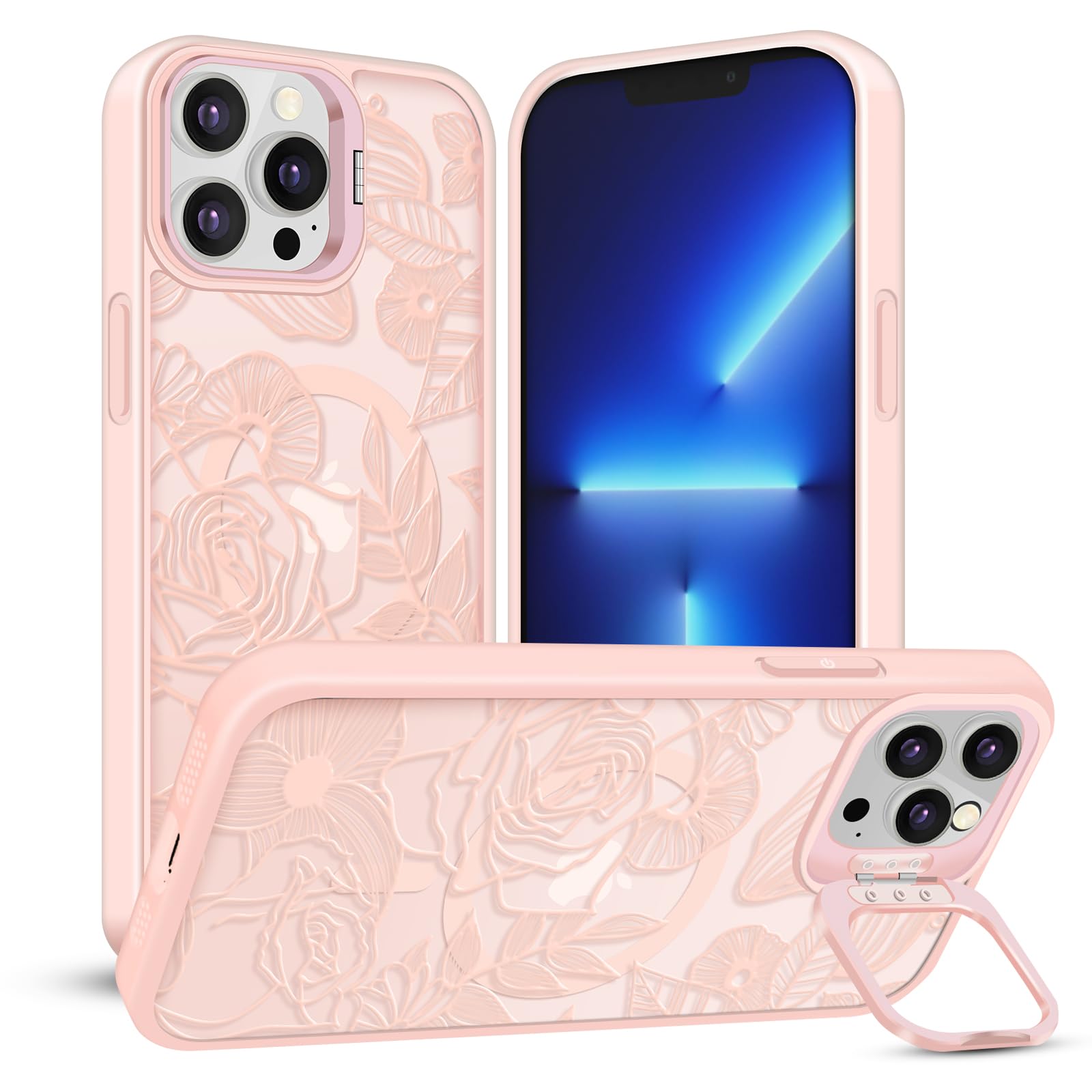 TQLGY Magnetic for iPhone 13 Pro Max Case, Translucent Matte Back Floral Line Rose Phone Case for Women, Compatible with MagSafe, Built-in Stash Stand