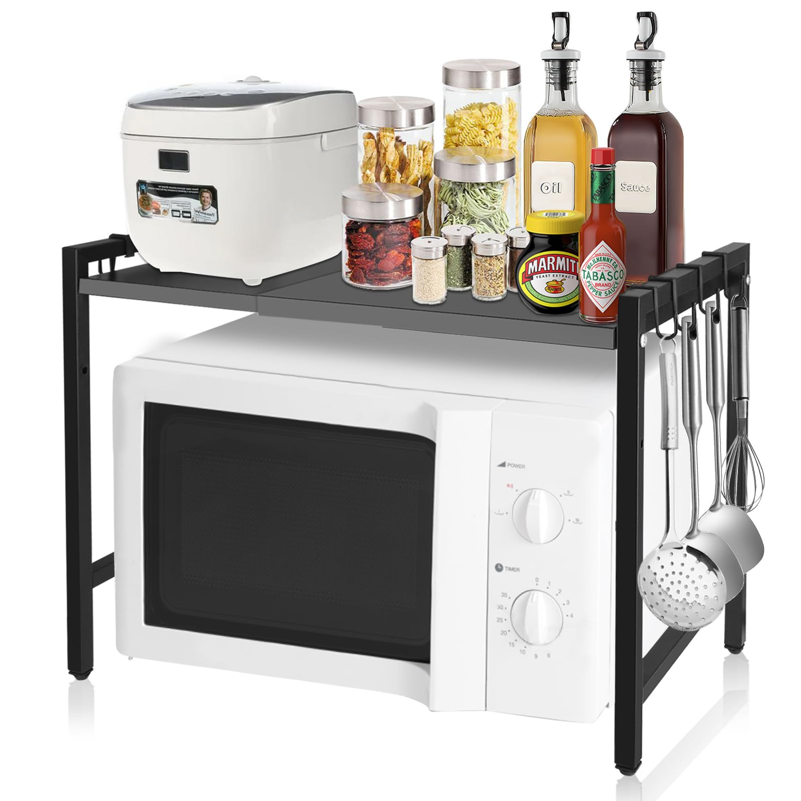 ASelected Expandable Microwave Oven Rack Height Adjustable 2 Tier Kitchen Counter Shelf Rack 6 Hooks Width 40 or 60Cm Black