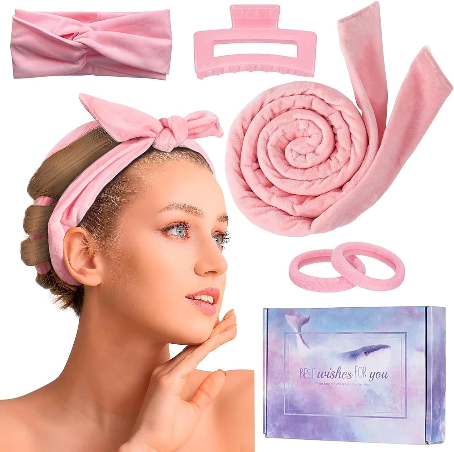 Premify Heatless Hair Curler Headband for Sleeping Overnight, Extra Long No Heat Wave Hair Curlers With Clip Styling Tools,Hair Styling Kit for Girls with Long and Medium Hair (Pink)