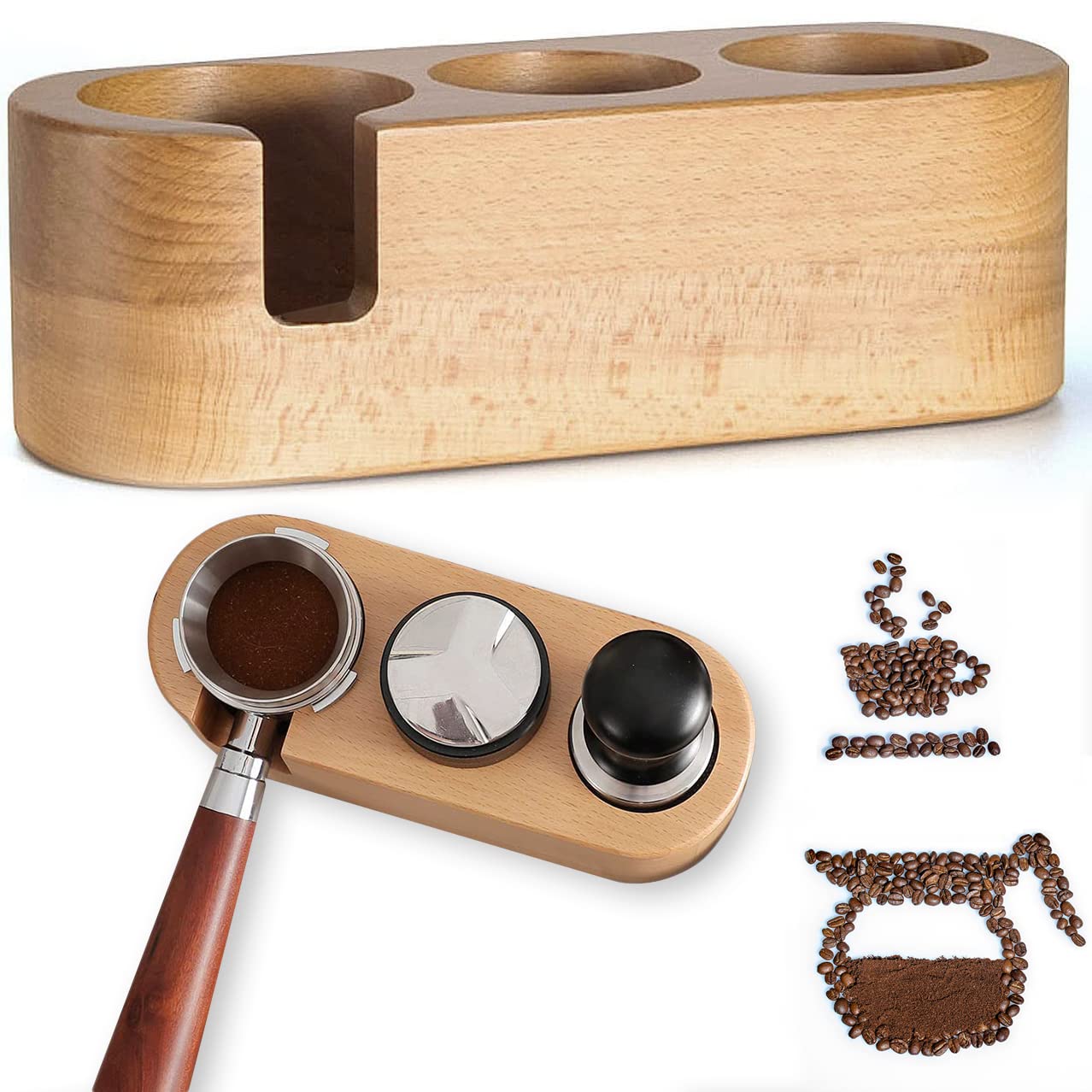 SKADE Wood Coffee Tamper Holder Wooden Espresso Tamper Stand Tamper Station Wooden Base, Espresso Tamping station, Coffee Portafilter Holder For 51mm - 58mmPortafilters, distributor, tamper (58MM)