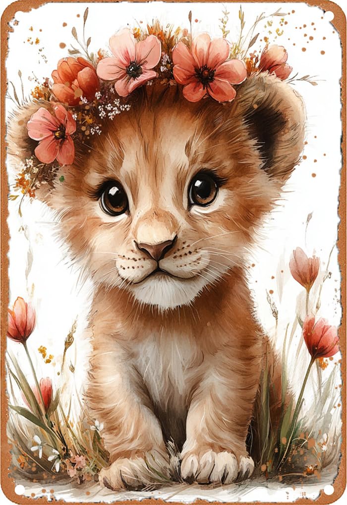 Kwqdozf As Pic Retro Aluminum Tin Sign Cartoon Little Leopard And Flowers Living Room Kitc
