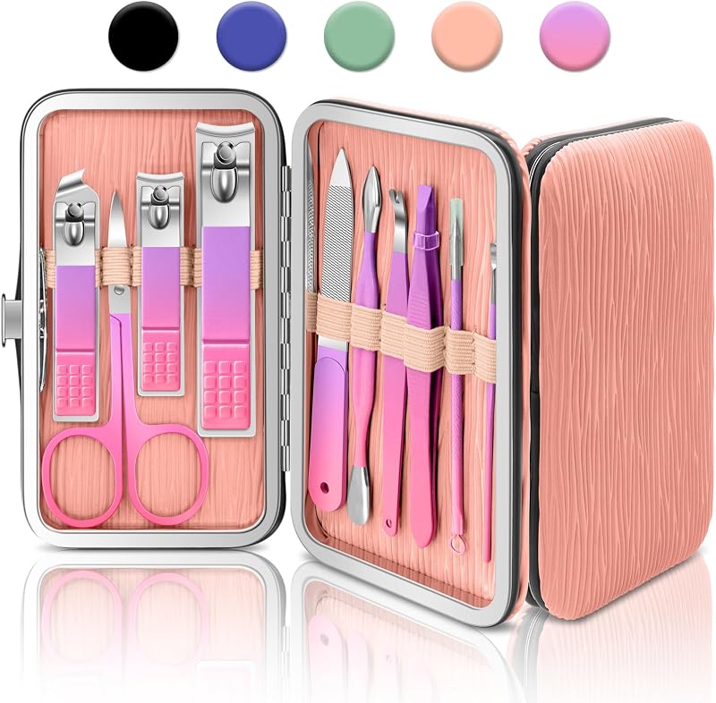 10 in 1 Manicure Pedicure Kit, Manicure Kit for Women Professional, Mens Nail Grooming Kit, Manicure Tools Gift for Luxury Leather Travel Case for Family Friends (Pink & Purple)