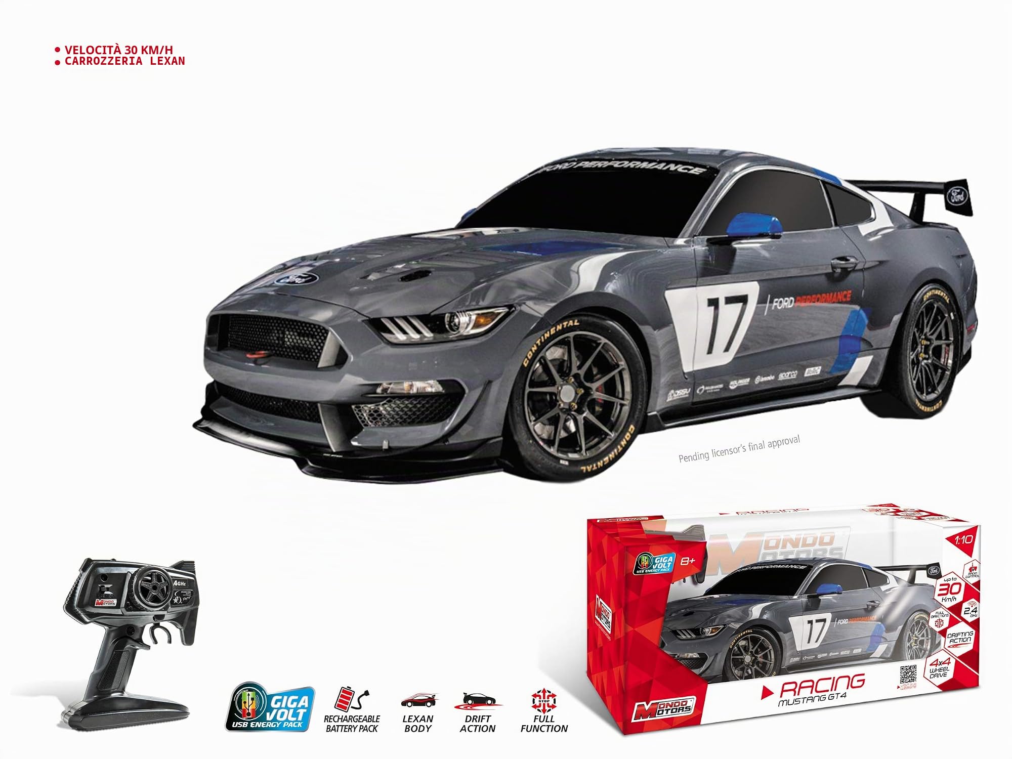 Mondo Motors - macchina radiocomandata Global Mustang GT4 4WD R/C - modello in scala 1/10 - fino a 30 km/h di velocità - Drift Action - auto giocattolo per bambini - 63529
