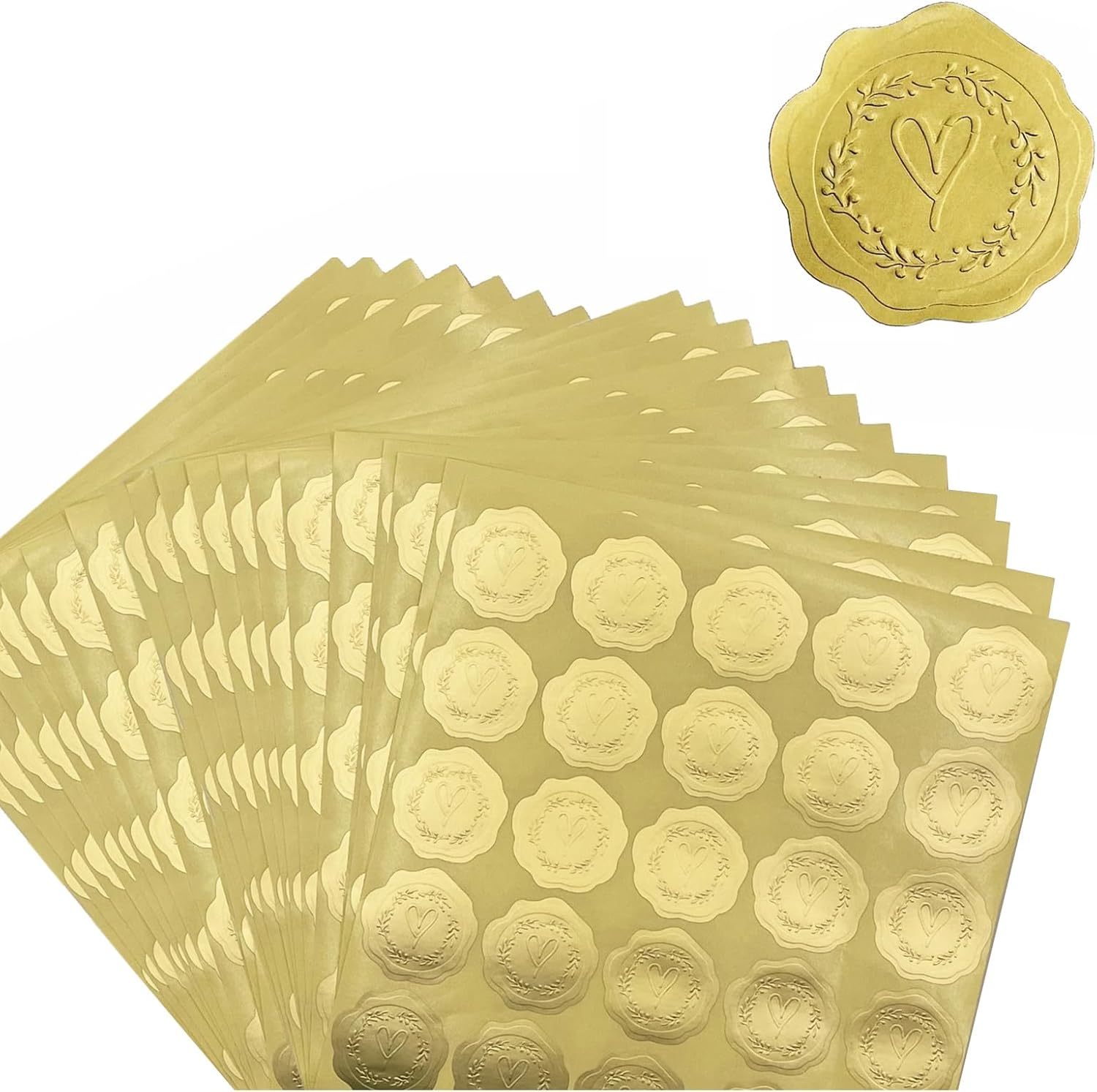 500PCS Gold Embossed Wax Seal-Style Self-Adhesive Heart Stickers for Wedding Invitations, Valentine's Greetings, and Party Favors Gold 500pcs