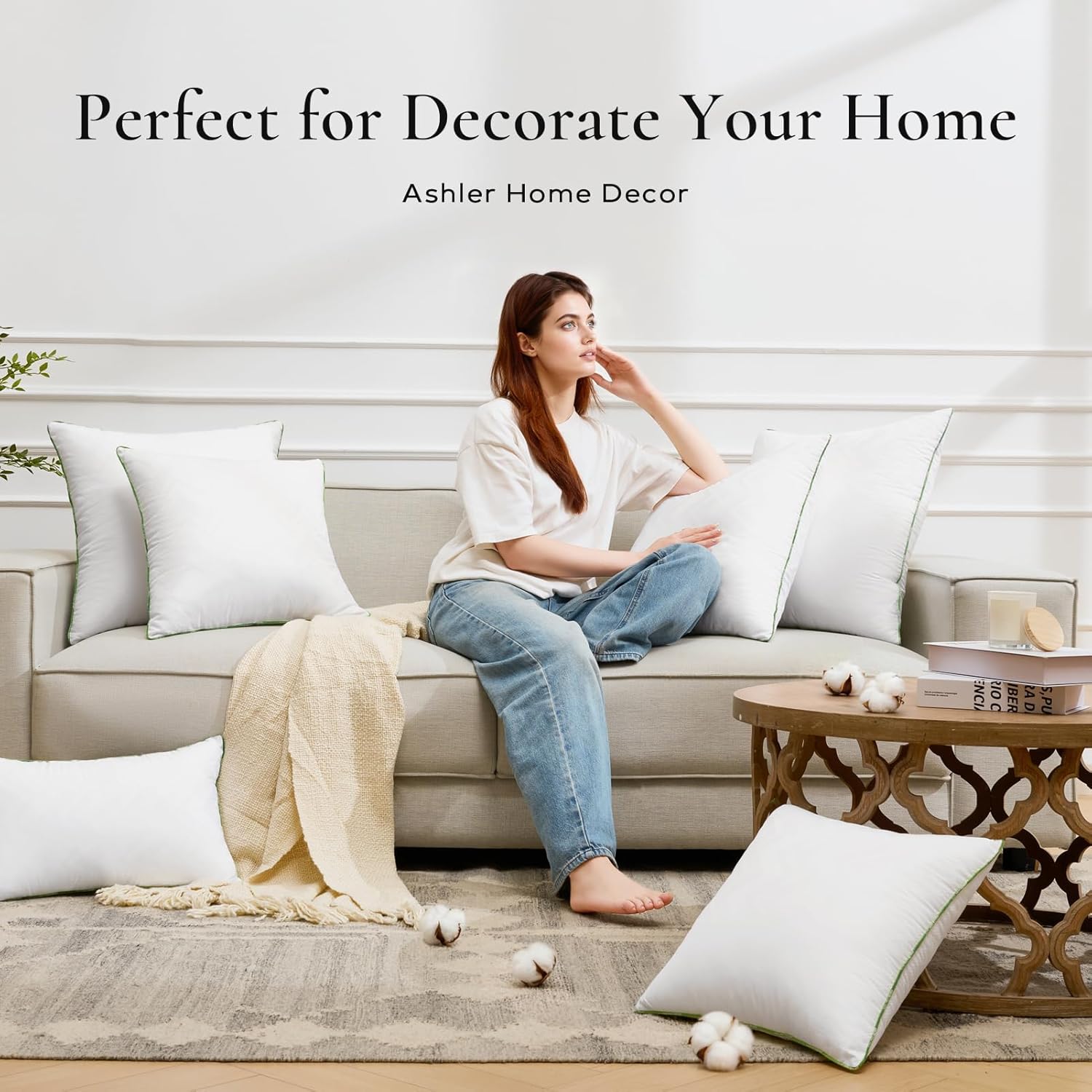 Ashler Throw Pillow Inserts (Pack of 2, White), 22 x 22 Inches Pillow Inserts with 100% Cotton Cover, Indoor Decorative Pillows Inserts for Couch Sofa and Bed