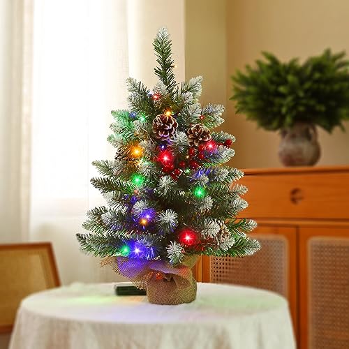 Miniatura 2 de Joyhalo Árbol de Navidad pequeño de 2 pies con luces multicolor y blanco cálido, árbol de Navidad flocado preiluminado para mesa, 80 ramas, árbol de