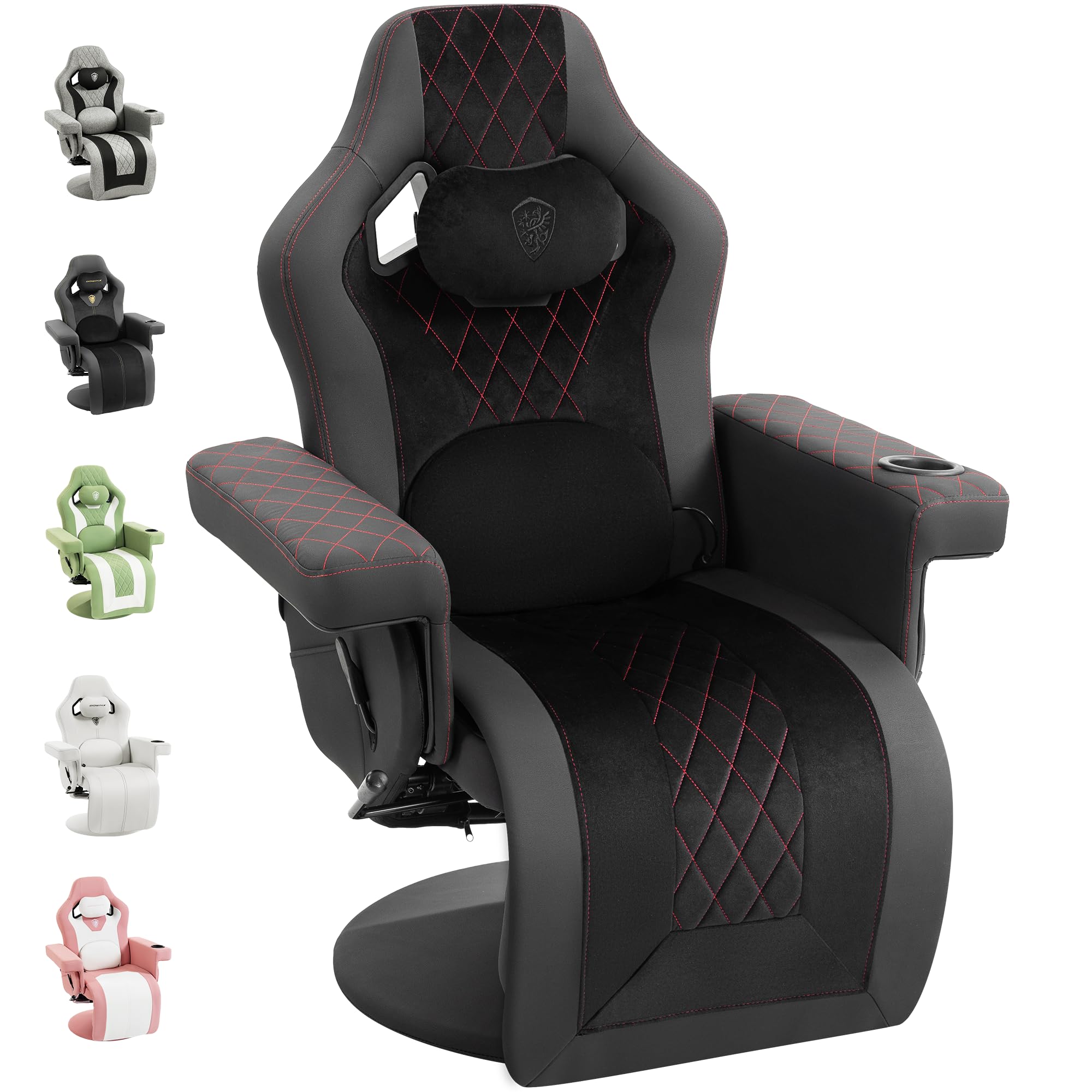 Dowinx Relaxsessel Gaming Sessel mit Shiatsu Massagefunktion, Fernsehsessel mit Liegefunktion 90°–135° und Fußstütze, 360° drehbarer Gaming Stuhl ohne Rollen, Getränkehalter, Seitentaschen-Schwarz Rot