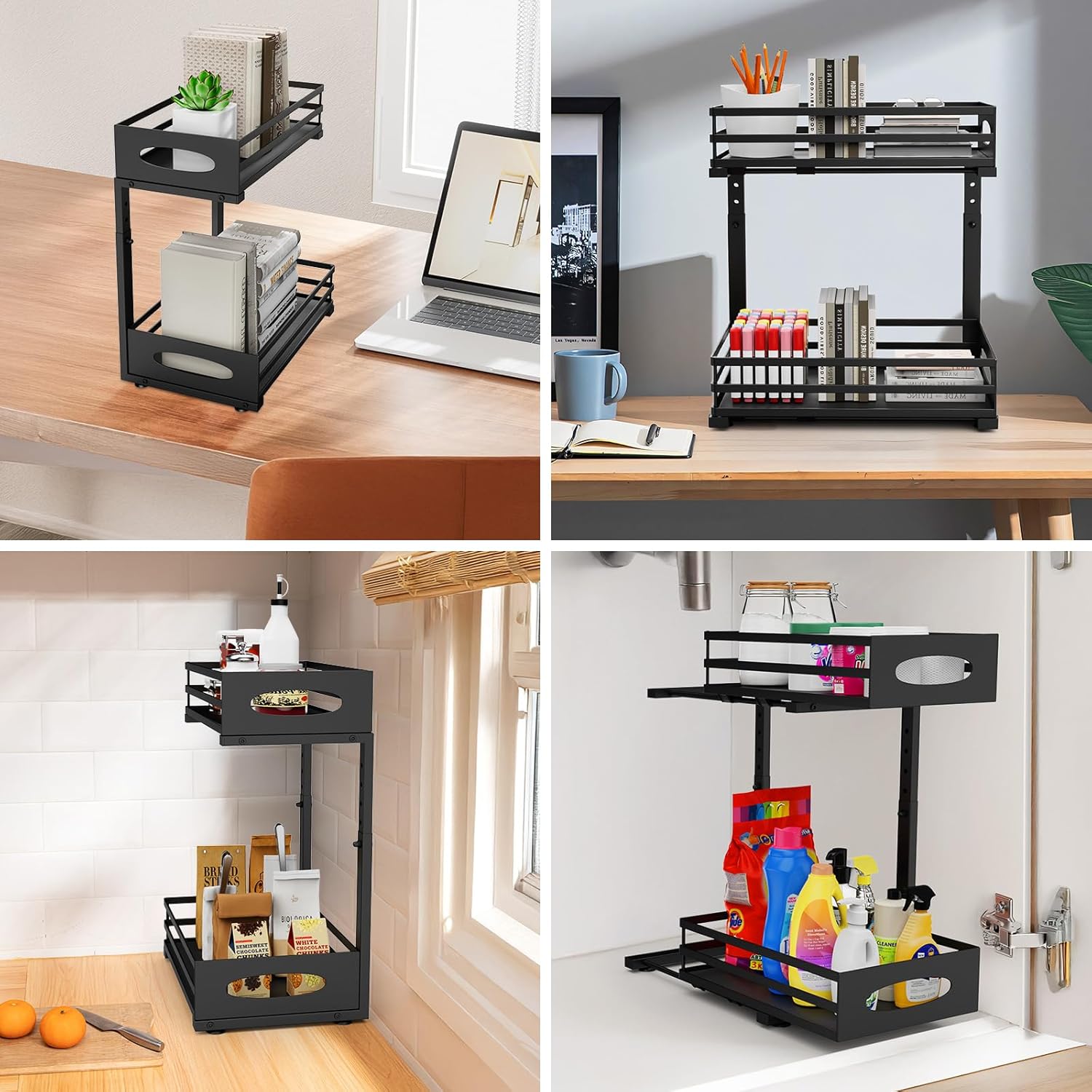 Under Sink Organizer, Slide Sink Steel Shelf Cabinet Storage Shelves, Height Adjustable Under Sink Organizers and Storage, 2 Tier Pull Out Drawer Cabinet Organizer for Kitchen Bathroom