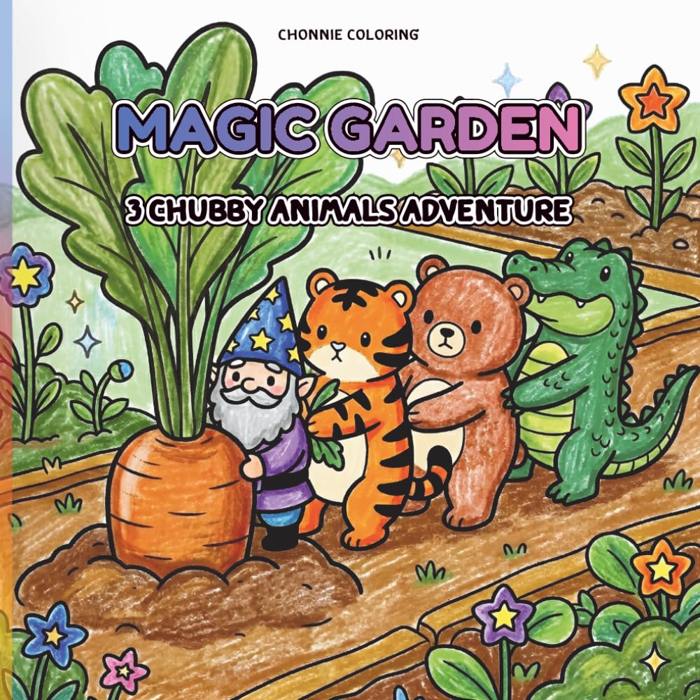 Magic Garden: 3 Chubby Animals Adventure: A Kawaii and Relaxing Fantasy Coloring Book Featuring Cute Tigers, Bears, and Crocodiles