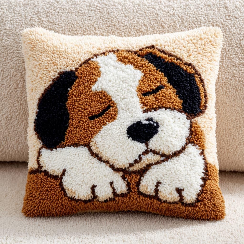 Taxpy Latch Hook Cushion Kits Dog Pillowcase Kits Embroidery Kit 17X17 Inch DIY Needlework Pillow Cover Sofa Cushion Rug Making