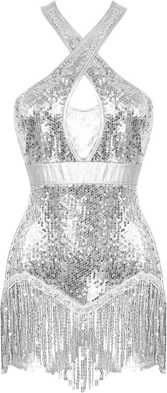 easyforever Women's Paillette Tassel Latin Dance Leotard with Tassels Metallic Gloves Lyrical Dance Costume