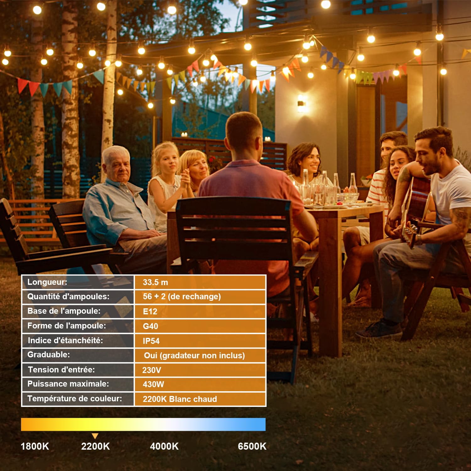 Guirlande Lumineuse Guinguette Exterieur 33.5M G40 110FT 56+2 LED IP54 Imperméable Connectable