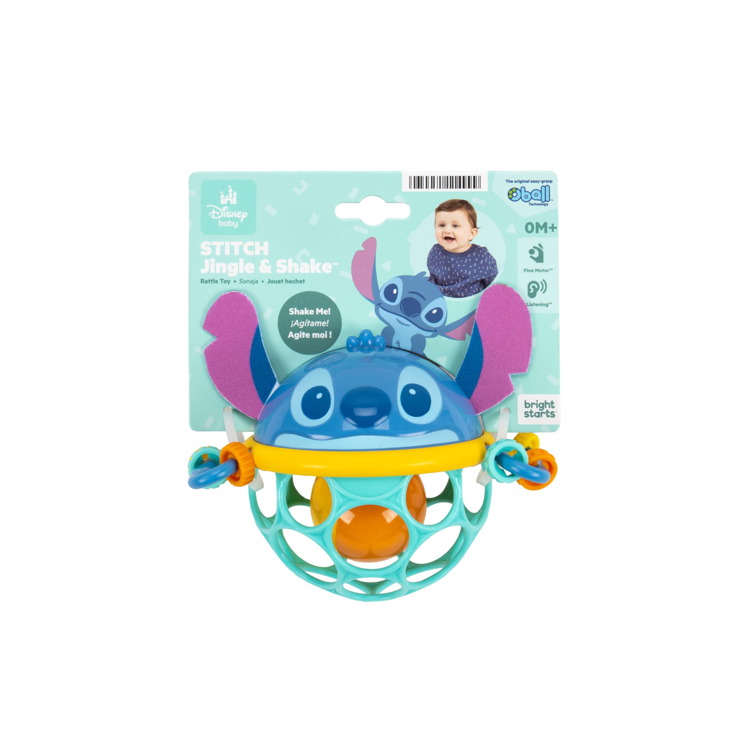 Disney Baby Stitch Sonaglio Jingle & Shake Oball di Bright Starts con Tecnologia Oball Facile da Afferrare, Unisex, da Neonato in Su