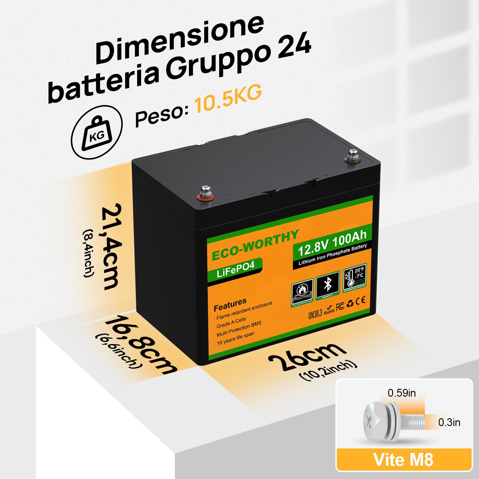 ECO-WORTHY Lifepo4 Batteria al litio Bluetooth 12 V 100 AH, Batteria LiFePO4 con Protezione a Bassa Temperatura, BMS Intelligente, 1280 Wh Energia, per Caravan, Campeggio