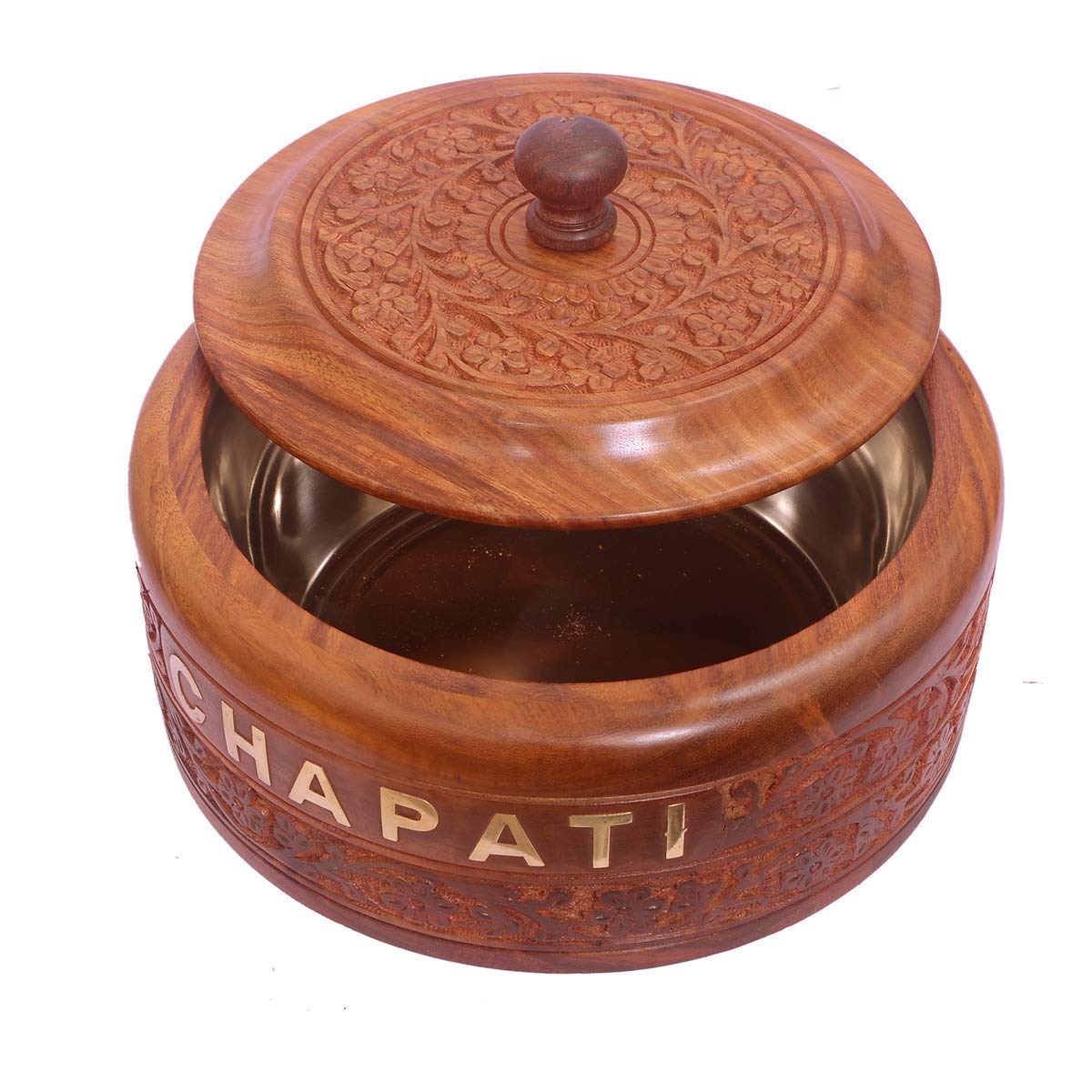 Garden Of Arts Wooden handmade Carving 7 * 7 Inches Chapati Box Round shape with inner of Stainless Steel