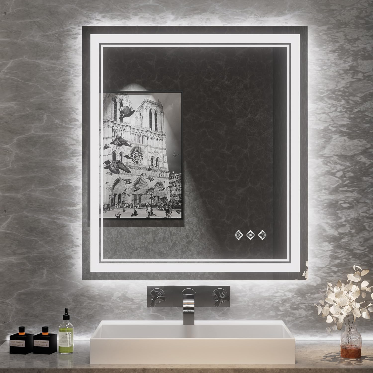 Bathroom Mirror, 33x35 Inch Gradient Front and Backlit LED Mirror for Bathroom, 3 Colors Dimmable CRI>90 Double Lights, IP54 Enhanced Anti-Fog, Wall Mount Vanity Mirror with Lights