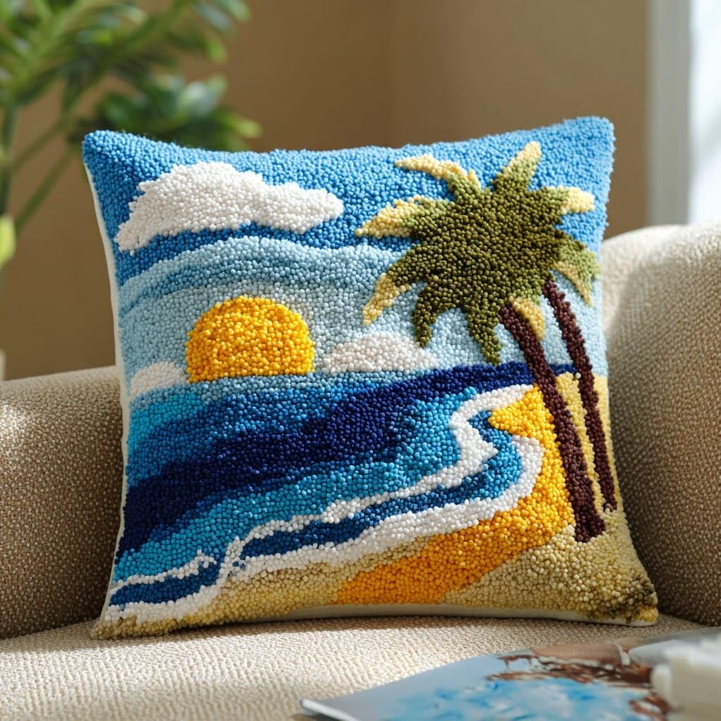 WallustrioaW Latch Hook Pillow Kits Pillow Cover,Coconut Trees by the sea,Printed Canvas Knitted Hooking Pillowcase Cushion Crafts Crochet Home Decor Gift,17x17in