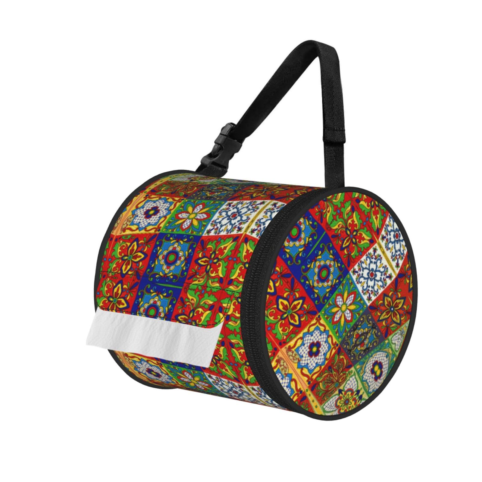 Mexican Tiles Print Round Tissue Dispenser Bag With Carry Strap, Portable Roll Holder For Car Travel Home