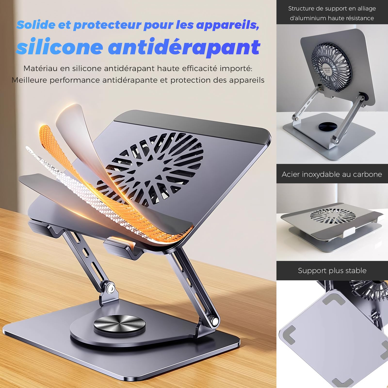 Support pour ordinateur portable en aluminium, rotatif à 360°, pliable, avec ventilateur magnétique pour le refroidissement, compatible avec MacBook et appareils de 10 à 17,3 pouces (gris