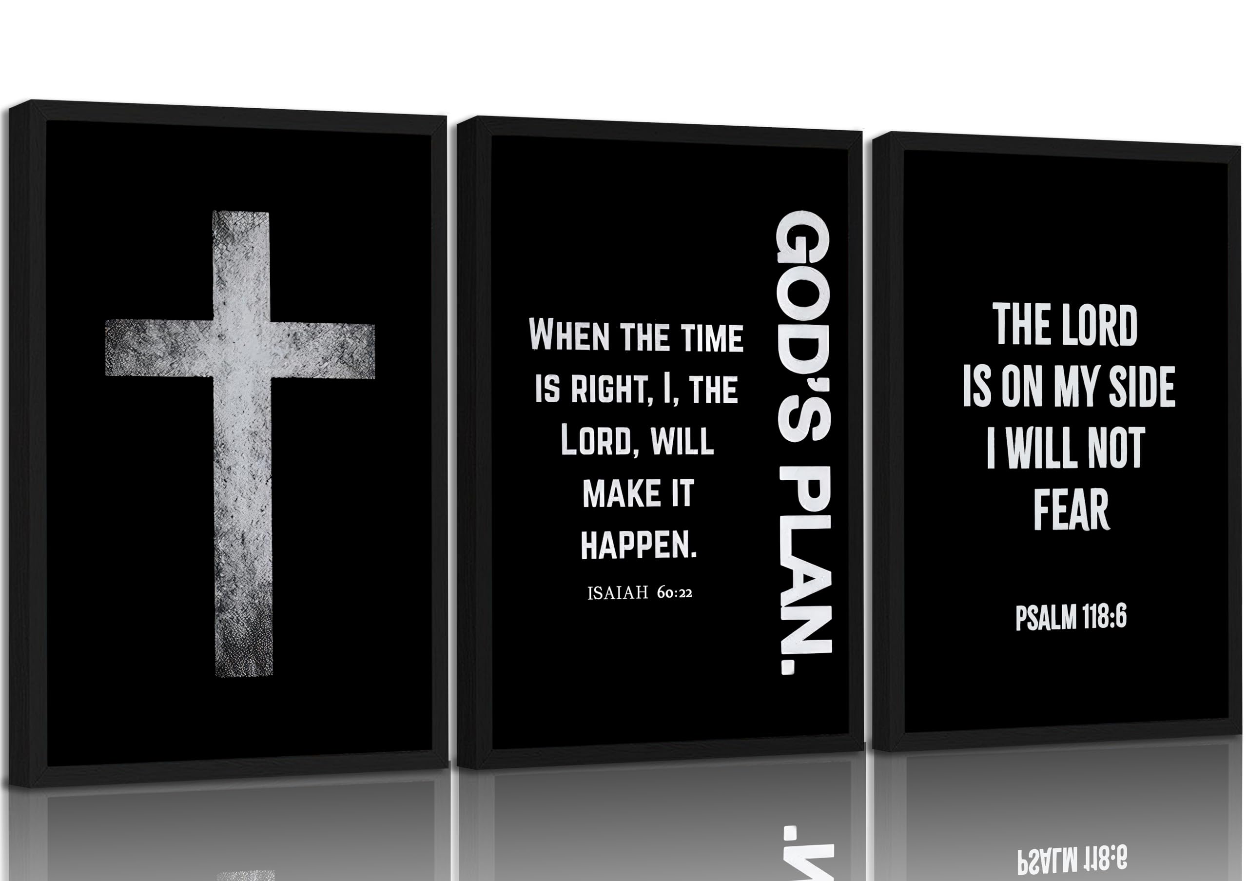 Condition photo showing New/Like New for 3Pcs Black Framed Black White Scripture Wall Art Christian Bible Cross Canvas poster Print Men Christian Cross Wall Decor ISAIAH 60:22 Painting Picture PSALM 118:6 GOD'S Plan Artwork for home decor