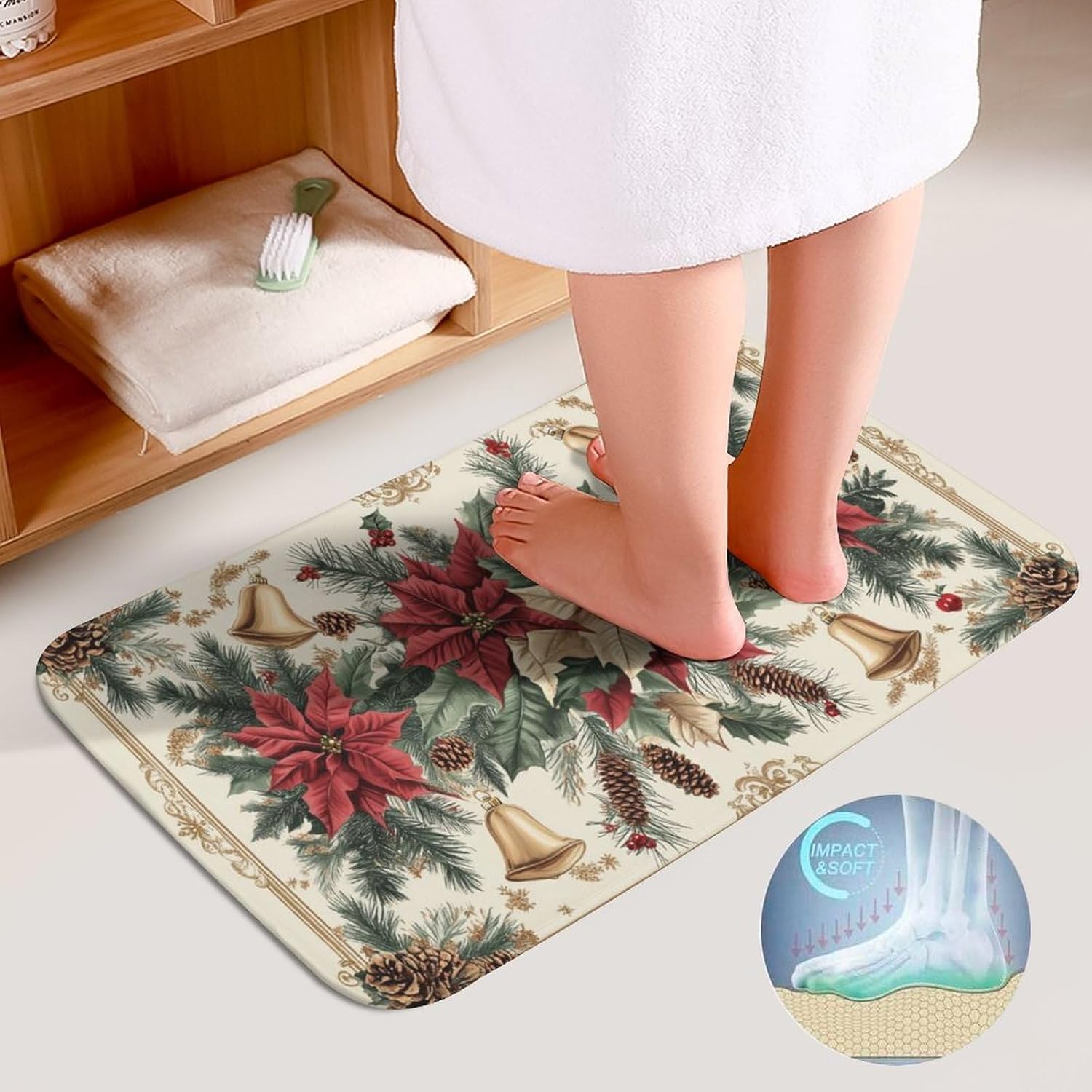 Vintage Christmas Pattern Bathroom Rugs Sets 3 Piece - Poinsettias Pine Cones Golden Bells Bath Mats,U-Shape Toilet Lid Cover,Contour Mat,Shower Mats Bath Rug Mat for Bathroom Tub Toilet
