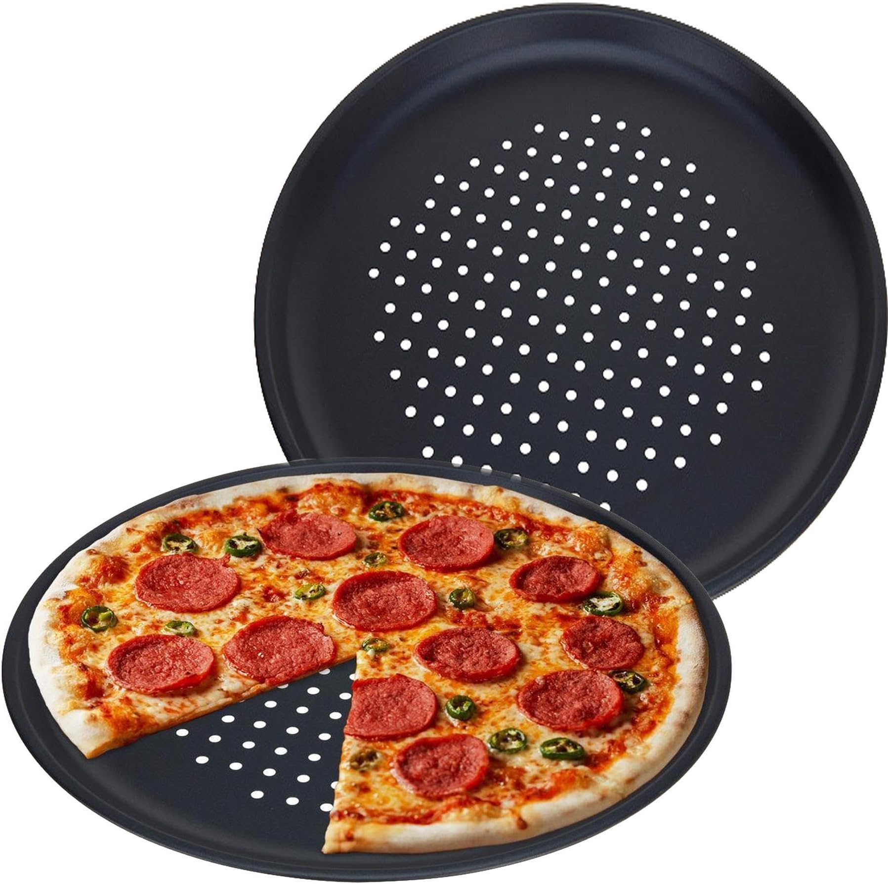 GEEZY Large Non-Stick Pizza Baking Tray 32cm (12.5") - Set of 2, Round Carbon Steel, Perforated Holes, Dishwasher, Fridge, Freezer Safe - Pizza Pan & Plate for Oven, Flatbread, Family Meals
