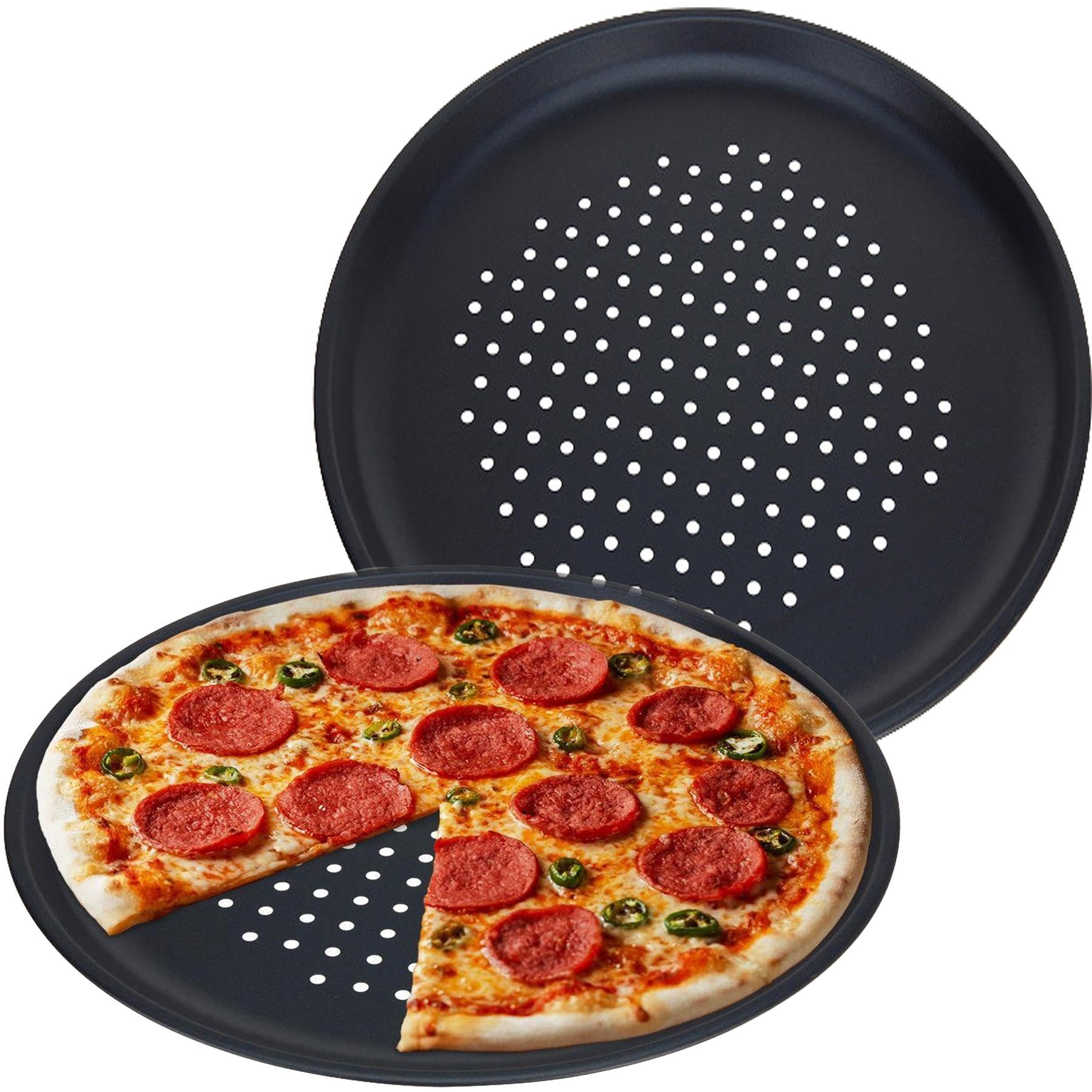 GEEZY Large Non-Stick Pizza Baking Tray 32cm (12.5") - Set of 2, Round Carbon Steel, Perforated Holes, Dishwasher, Fridge, Freezer Safe - Pizza Pan & Plate for Oven, Flatbread, Family Meals