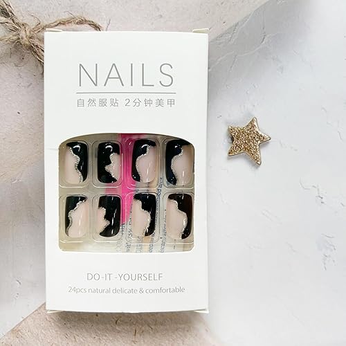 Miniatura 5 de Uñas negras a presión medianas, uñas cuadradas a presión para mujeres con diseños de líneas doradas, uñas a presión, cobertura completa, pegamento