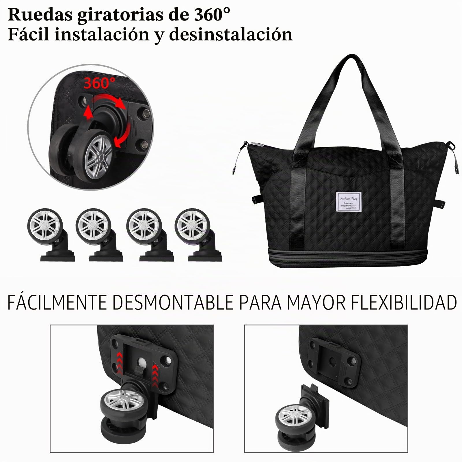 Bolsa de viaje con ruedas, bolsa de gimnasio deportiva expandible para mujeres y hombres, bolsa de transporte grande, bolsa de mano seca y húmeda, bolsa de noche, bolsa ligera de fin de semana, bolsa