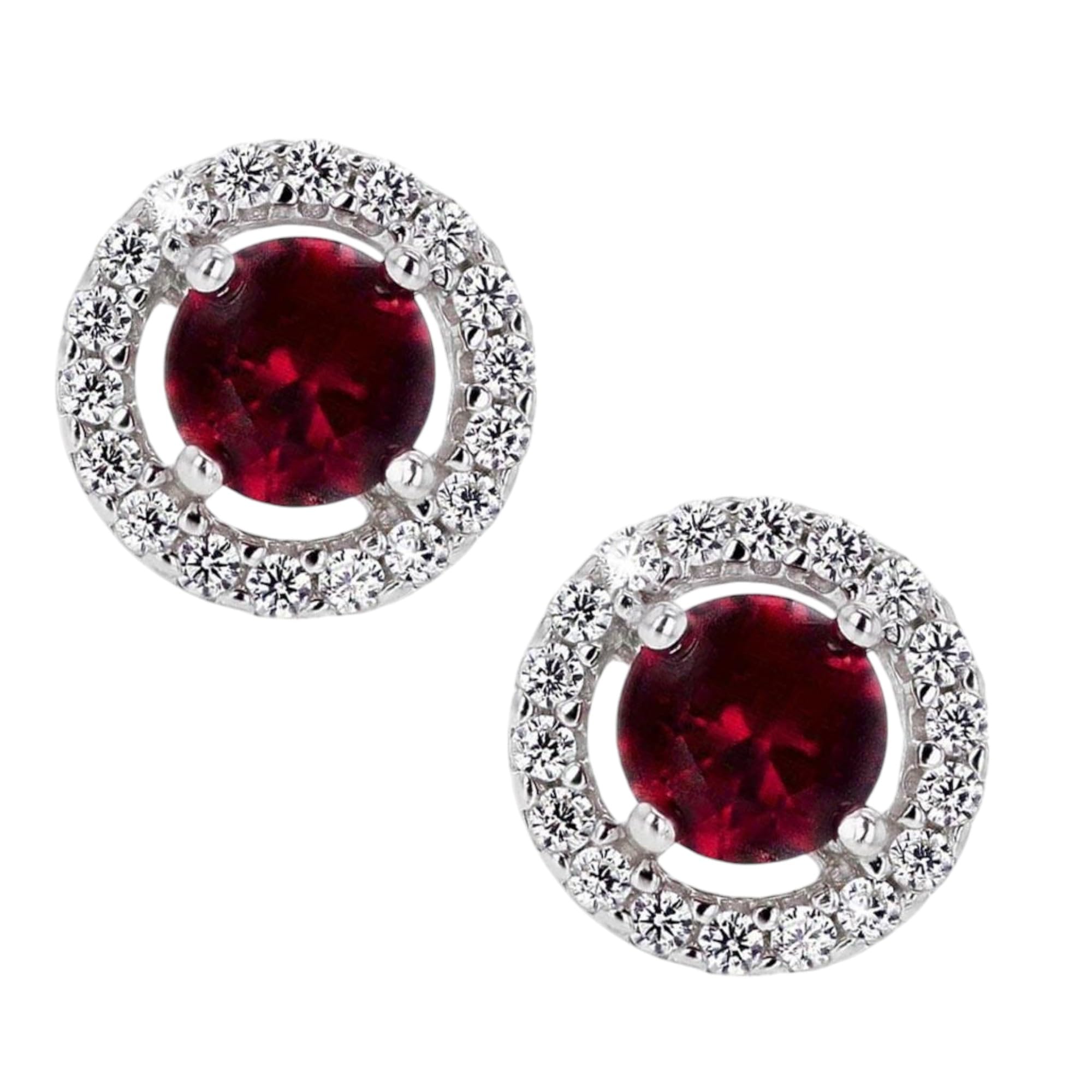CHARMSWomens Ruby Red Gemstone Stud Earrings with Diamond Halo