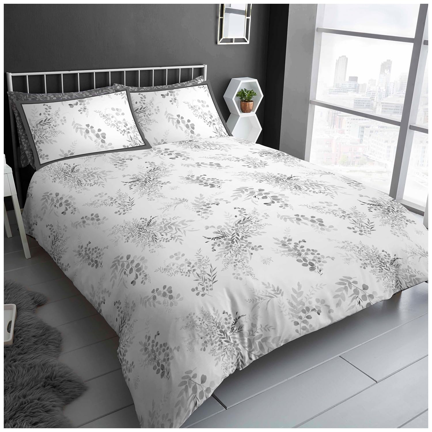 GC GAVENO CAVAILIA Polycotton Botanical Duvet Cover Set, Grey, King Bed