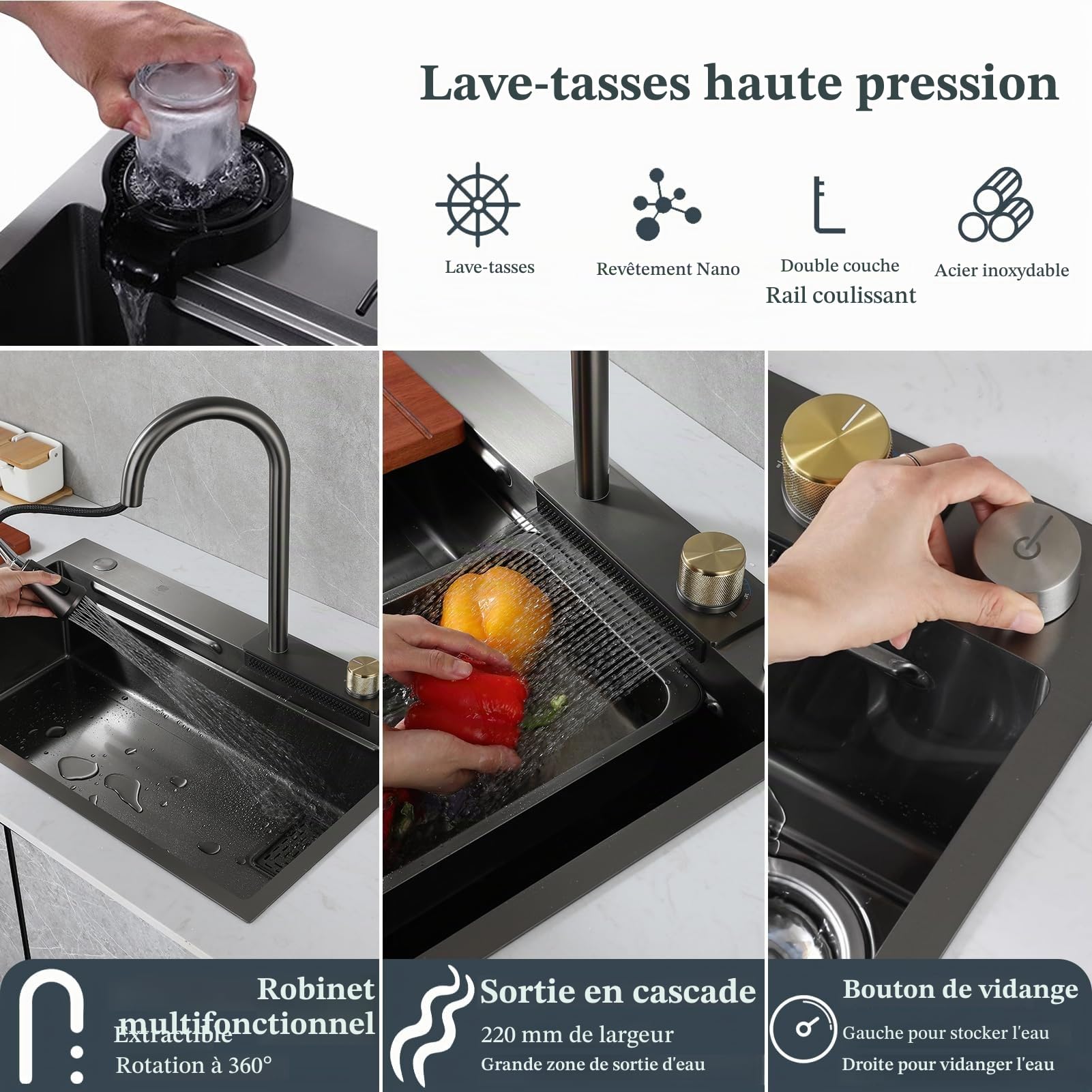 Évier de cuisine 68 x 45 cm Avec robinet cascade En acier inoxydable noir Pour usage domestique Nettoyeur haute pression, planche à découper, panier