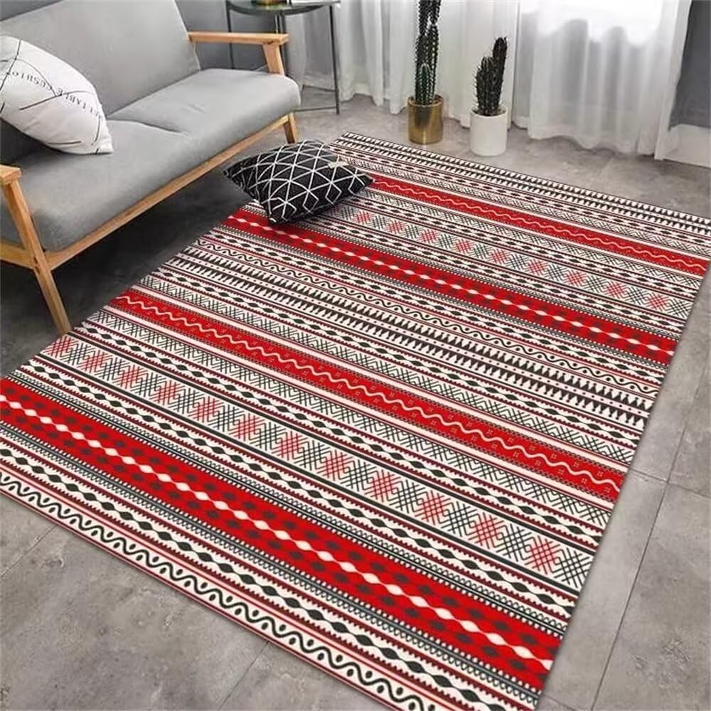 Tapis bleu rouge 140x180cm géométrique lavable pour couloir et chambre