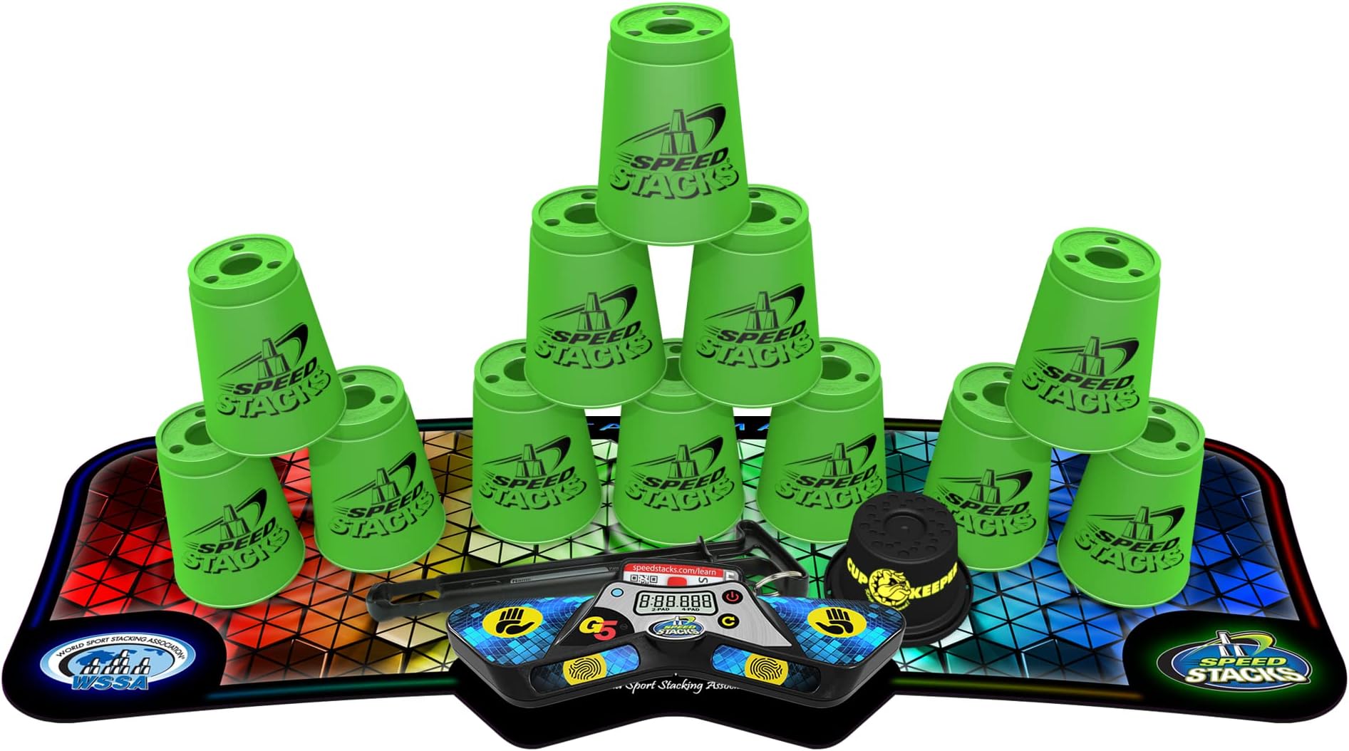 Sport Stacking Competitor | Green - 12 Cups | Holding Stem | G5 Timer and Voxel Glow Mat | WSSA Approved
