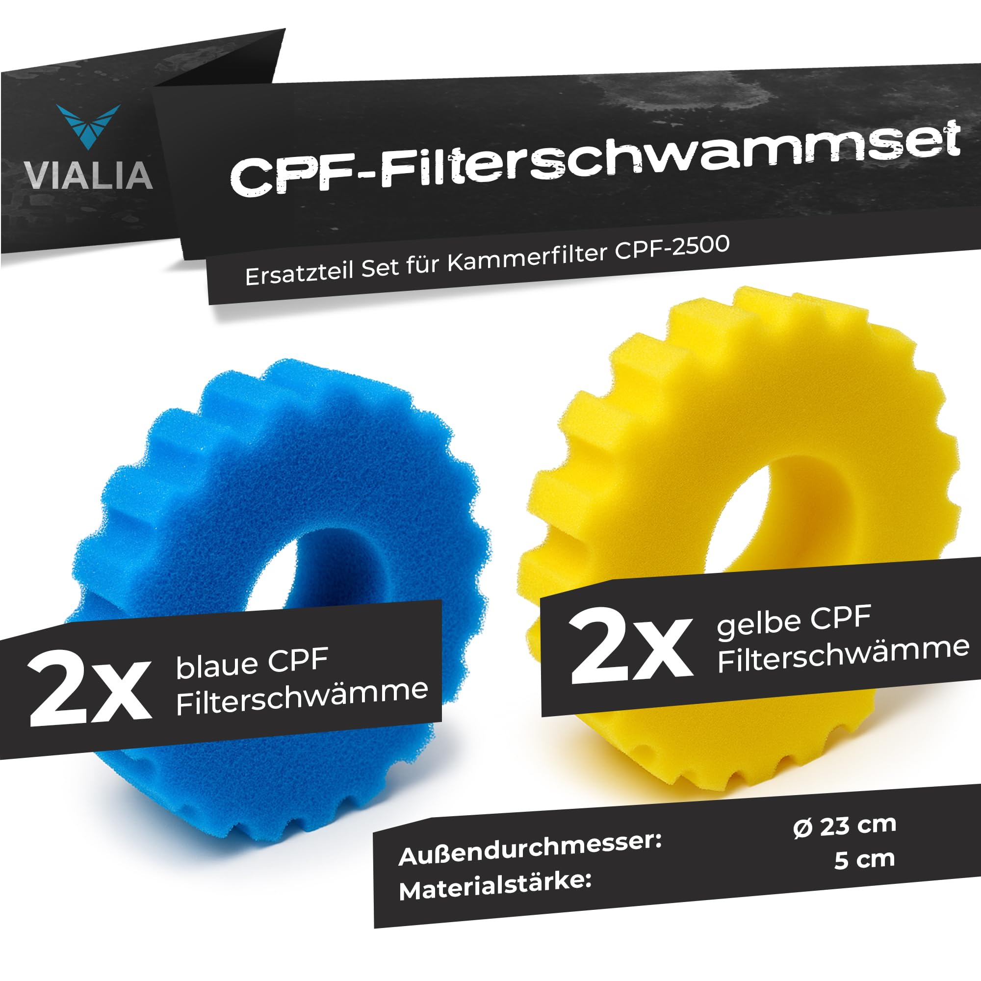 Filterschwämme Set für Teichfilter CPF-2500 | 4X biologische Ersatzschwämme (2X blau grob, 2X gelb fein) | Ø 23 cm | Passgenau für mechanische & biologische Reinigung | Klares Wasser