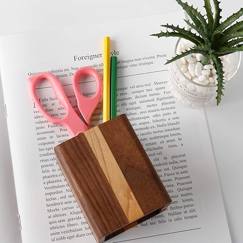 Miniatura 6 de Portalápices de nogal Soporte de pluma de madera para escritorio Organizador de vasos Ofiice Pencil Stand Simple (lado de nogal central de cereza)