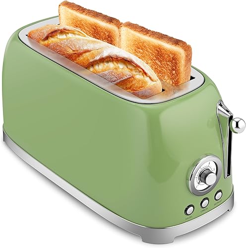 SUSTEAS Tostadora de 4 rebanadas de ranura ancha, tostadoras de pan de acero inoxidable, tostadora retro de ranura larga para descongelar,