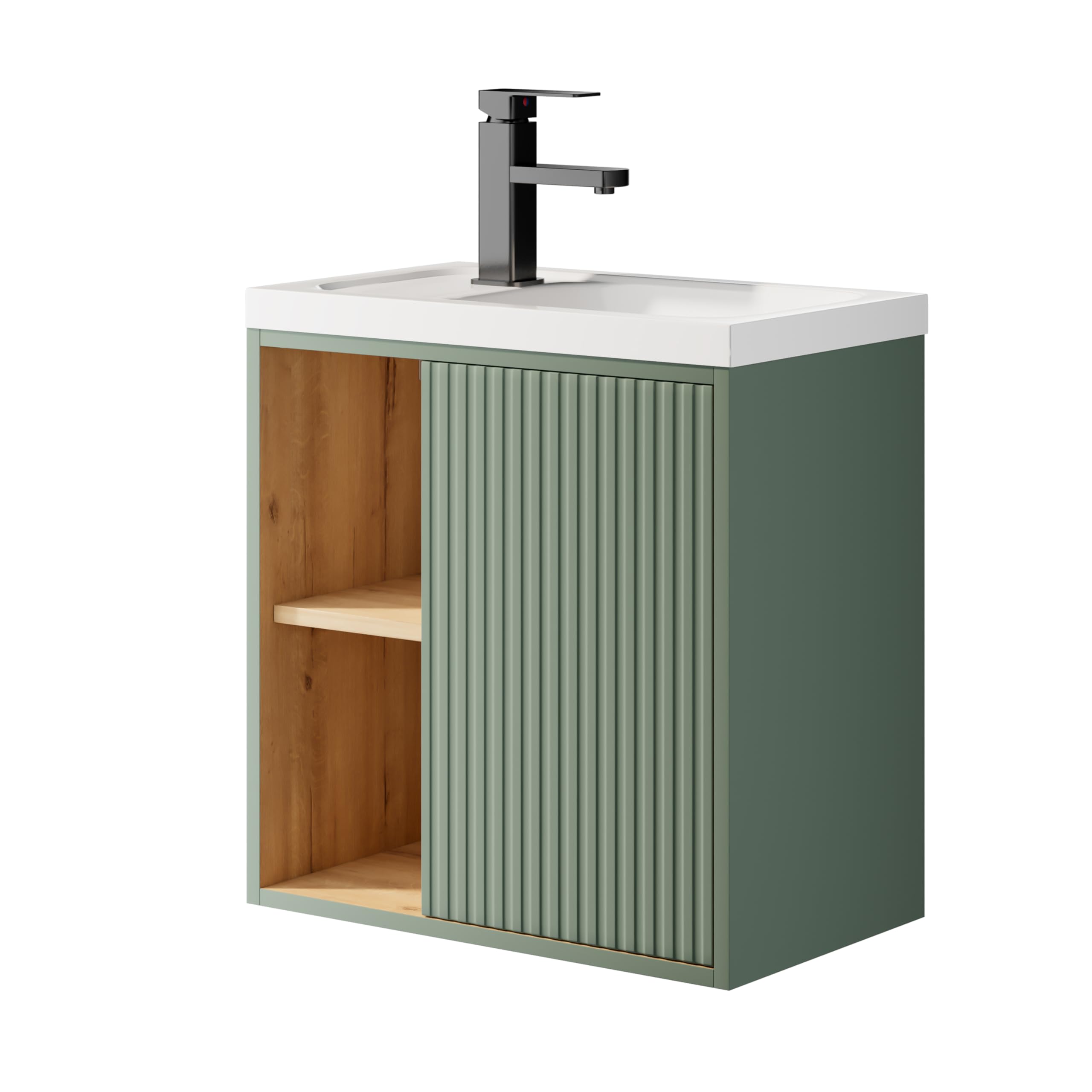 UEV Waschtisch mit Unterschrank hängend 50,5cm,Gäste-WC Waschtisch kleine, Waschbecken mit Wasserhahn, Waschtischunterschrank hängend, Waschplatz ausreichend Stauraum,Badmöbel Set für Badezimmer grün