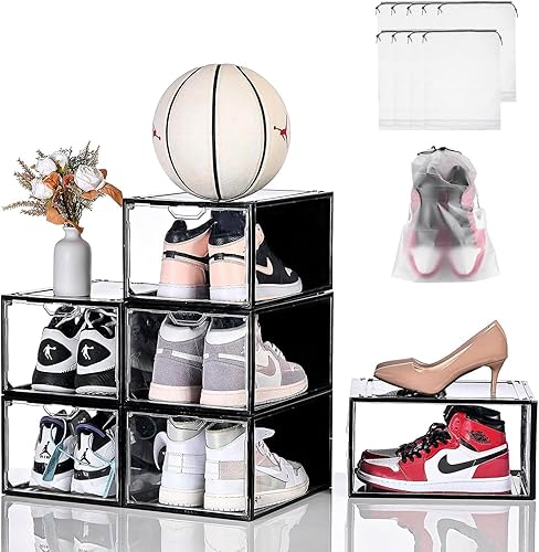 Cajas de almacenamiento de zapatos transparentes apilables, paquete de 6 organizadores de zapatos para armario, caja de tenis, ajuste fuerte y