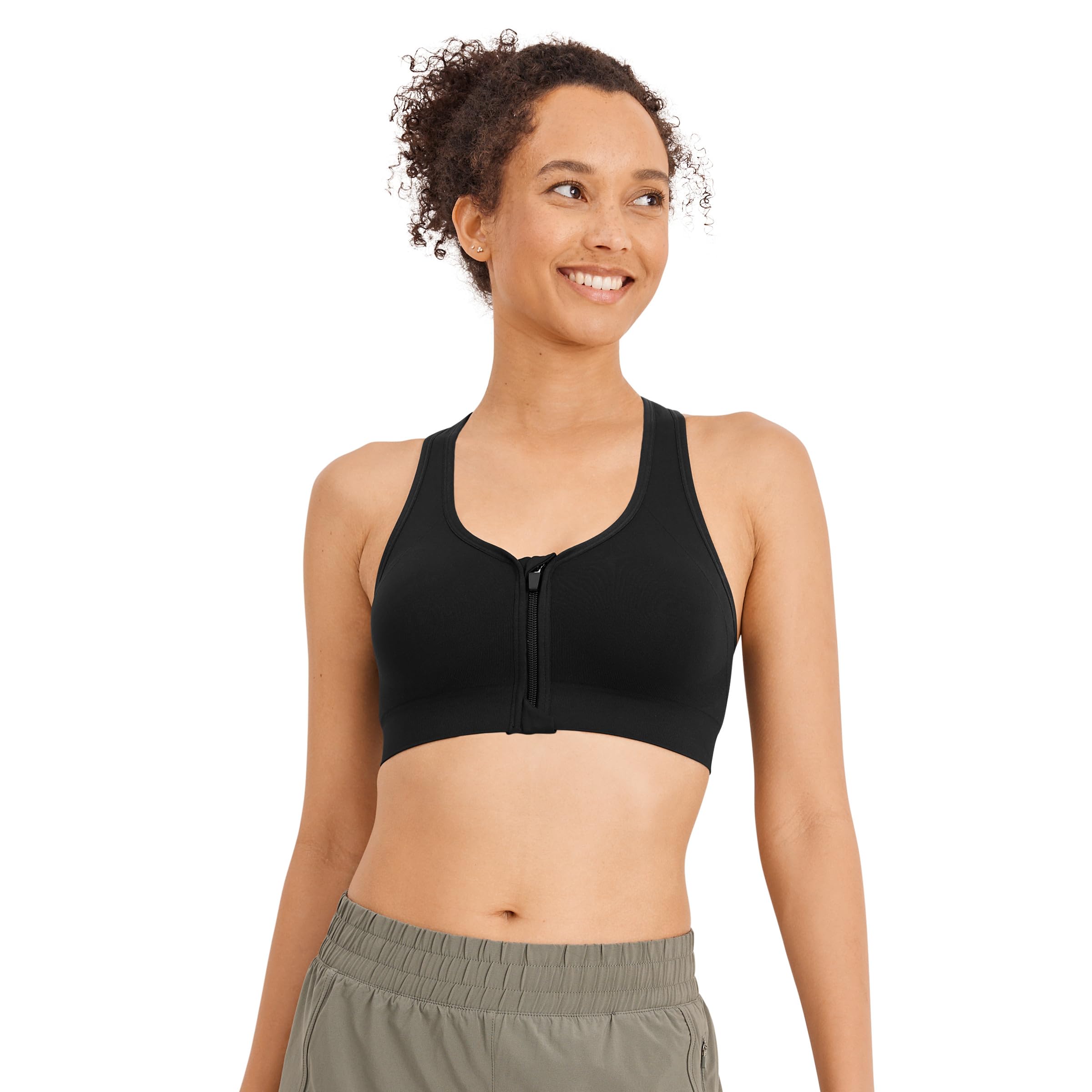 Jockey Women's Black Night Bra Seamfree Mid Impact Zip Front Sports Bra, XX-Large Plus
