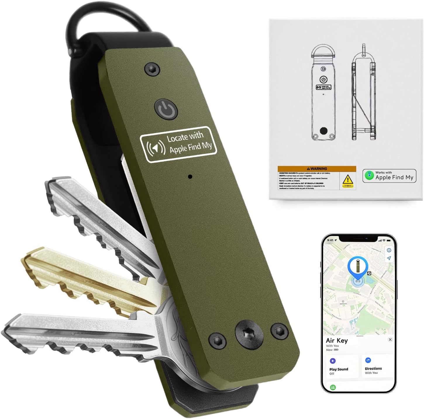Key Organizer Key Chain, Works with Apple Find My (iOS Only), Minimalist Metal Compact Key Organizer, Car Key Chains with GPS Tracker, Key Finder, Key Holder for Keychain, Up to 5 Keys (Olive Green)