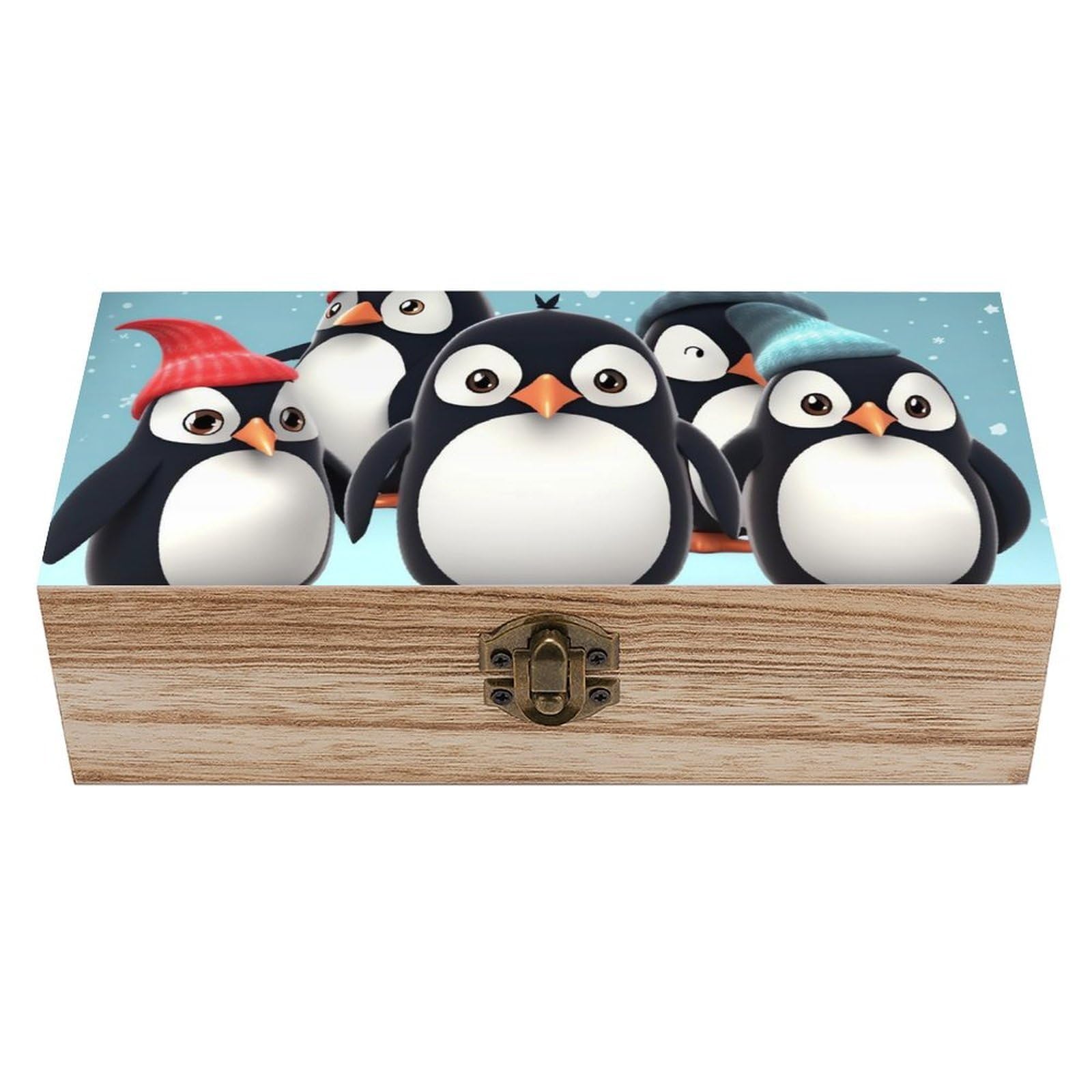 FekiLoot Cute Penguins Wooden Keepsake Box Decorative Wood Storage Organizer with Hinged Lid Large Handmade Boxes Wedding Memory Treasure Box for Jewelry Photos Stamps Crafts